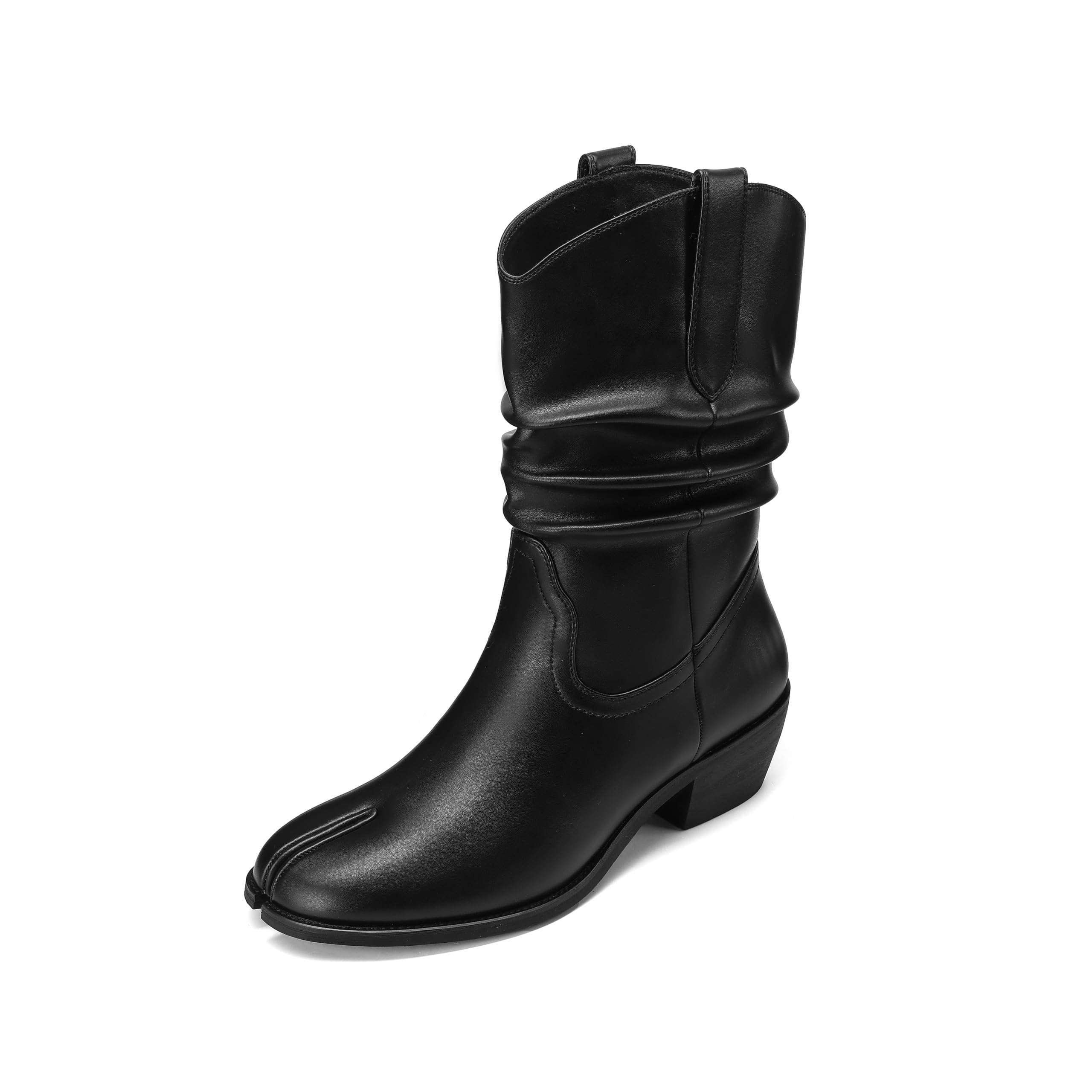 Women Cowboy Boots Split Toe Mid Calf Cowgirl Boots Tabi Wrinkled Chunky Short Heels Pull On Western Boots