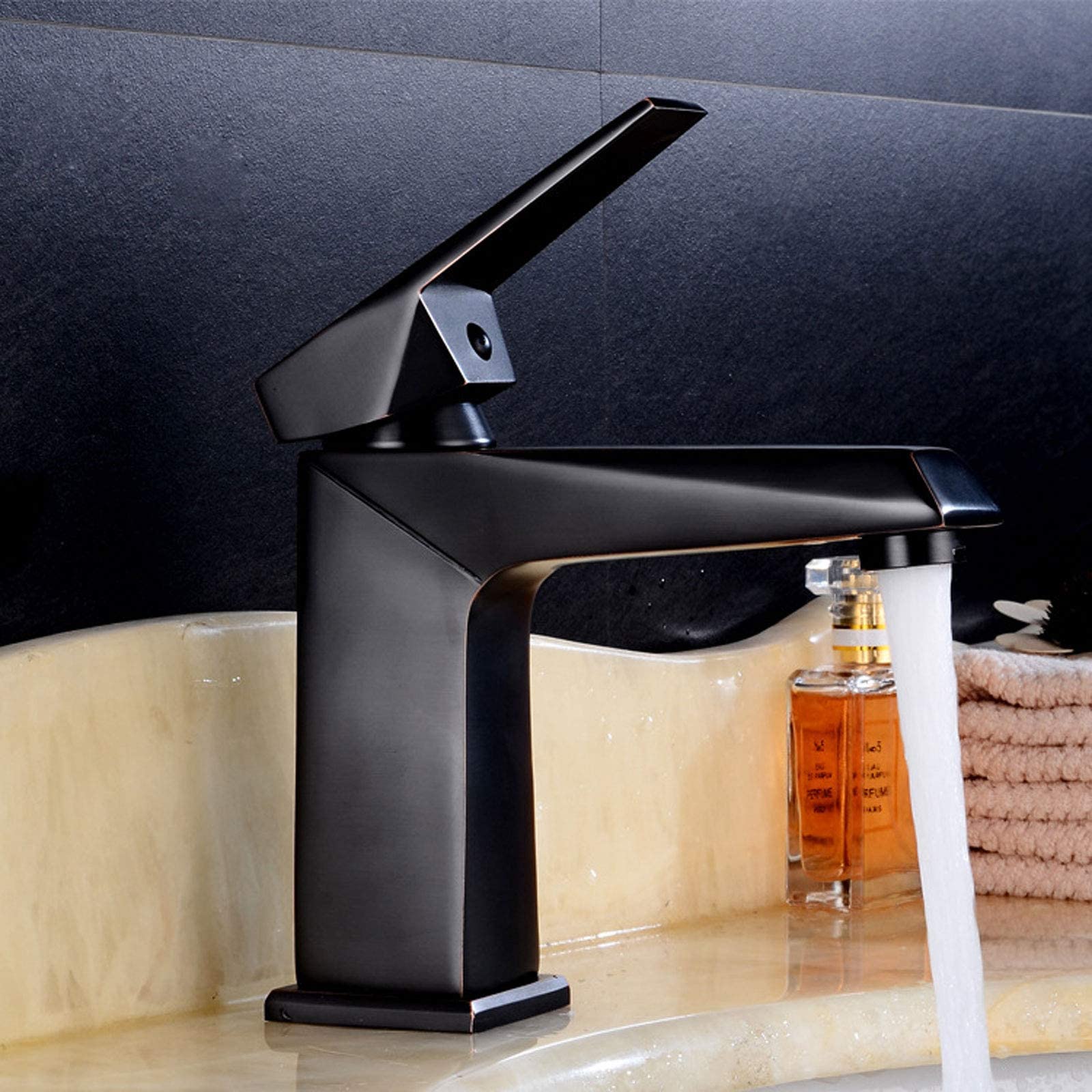 Mitigeur lavabo anti-éclaboussure noir réglable eau chaude froide