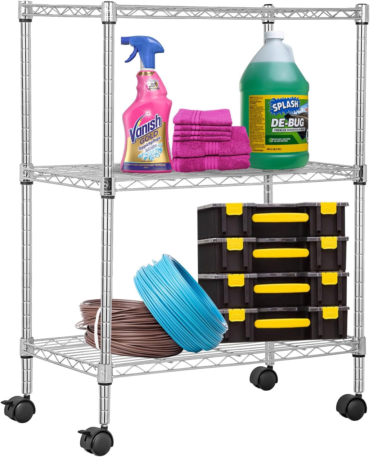 PayLessHere | 3-Tier Wire Shelf with Wheels | 23"x13"x31" | Chrome | Adjustable Racks | Heavy-Duty Storage Shelves, Holds Upto 170 lbs | Rust-Resistant, No-Tool Assembly | for Home, Garage Shelving