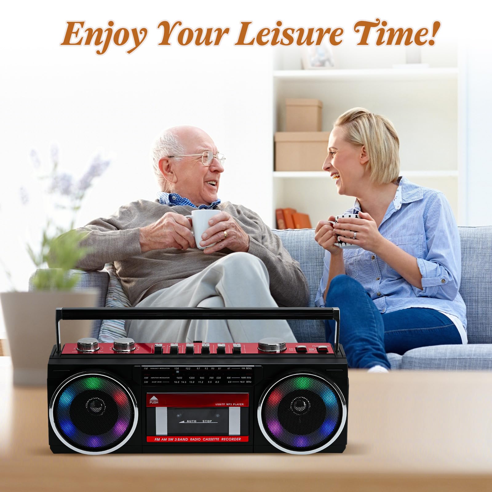 Tragbare Kassettenspieler Boombox AM/FM/SW Radio Stereo, CasetteTape Player Recorder, MP3 Bluetooth USB RGB Lichter TF Karte (Rot)