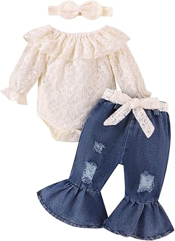 FOCUTEBB Baby Girl Clothes Lace Off Shoulder Romper Flare Jeans Pants Headband and Belt 4pcs Outfit 3-24 Months