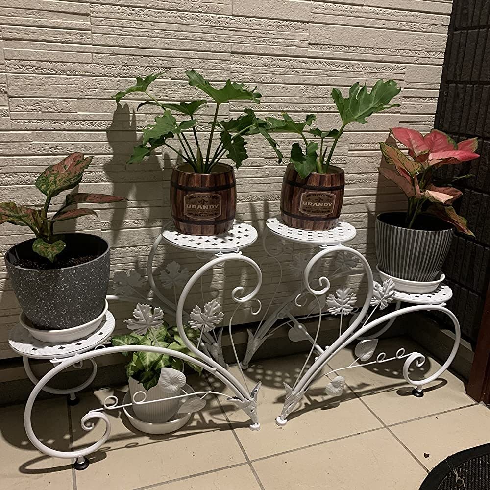 UNHO Scaffale per Piante in Ferro battuto, portavasi da Balcone Porta Piante da Interno Bianco con 4 Ripiani portavasi da Esterno in Ferro espositore vasi per terrazza Giardino Patio 93x40x23 cm