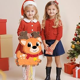 WERNNSAI Christmas Reindeer Pinata - Christmas Elk Decorations Xmas Reindeer Party Games for Kids Merry Xmas Decorations Indoor Outdoor Festival Carnival Party Supply Xmas Pinata with Blindfold Bat