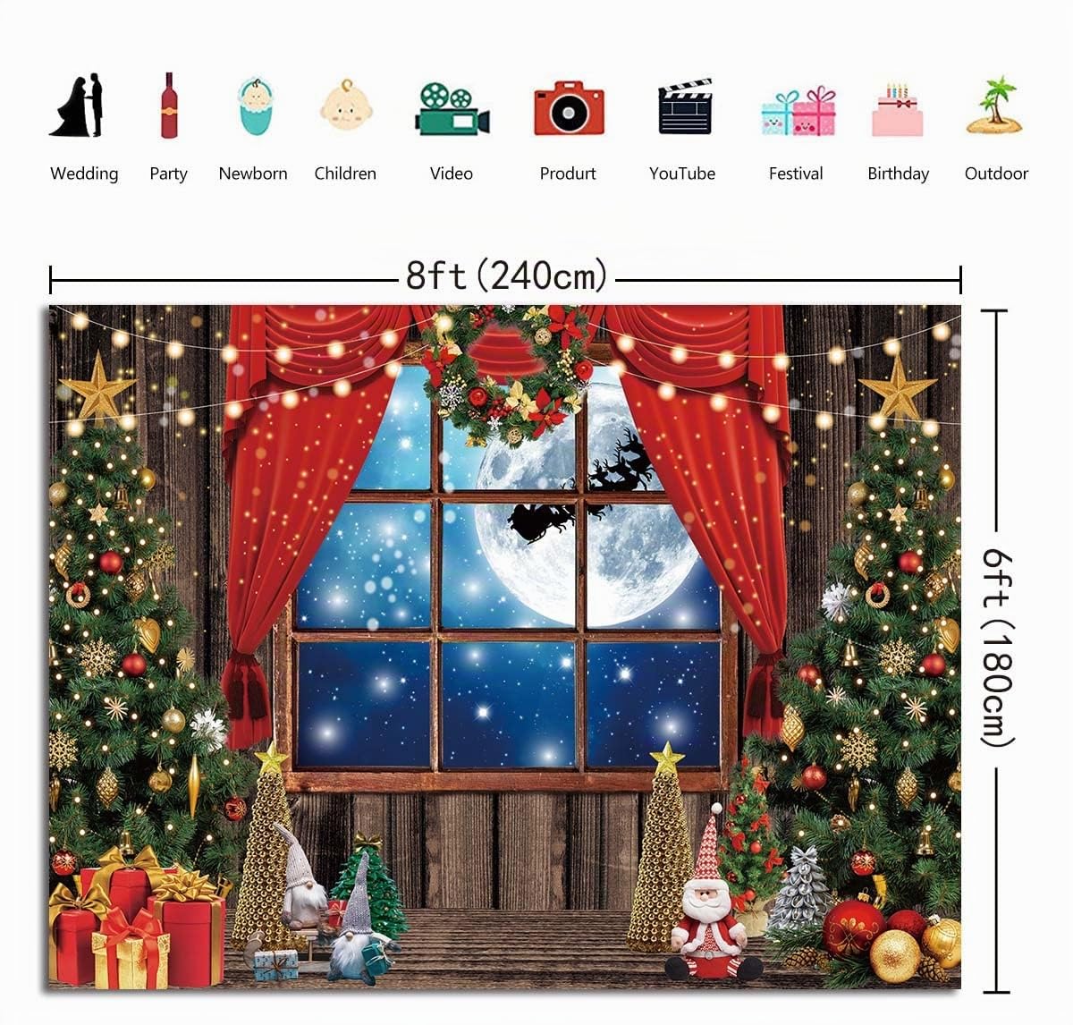 Toile de fond pour photographie de fenêtre de Noël, arbre de Noël, cadeau, style rustique, fenêtre en bois, nuit au clair de lune, décoration pour bébé, enfants, famille, fête, bannière, 2,4