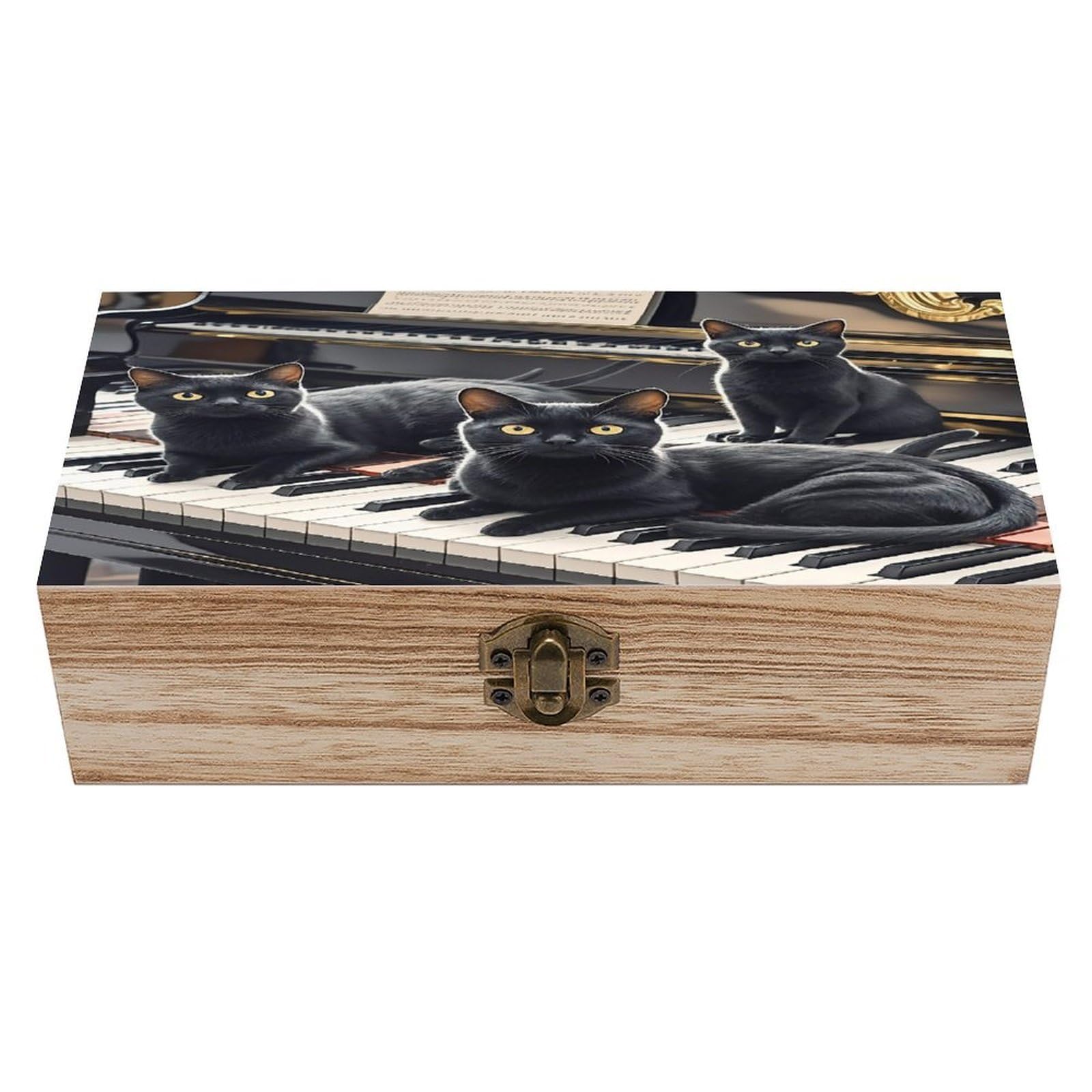 LZQPOEAS Black Cats Lying on The Piano Keyboard Wooden Box Storage Space to Organize Jewelry in A Beautiful Small Storage Box Decorative Card Boxes Memory Treasure Boxes for Crafts And Photo Storage