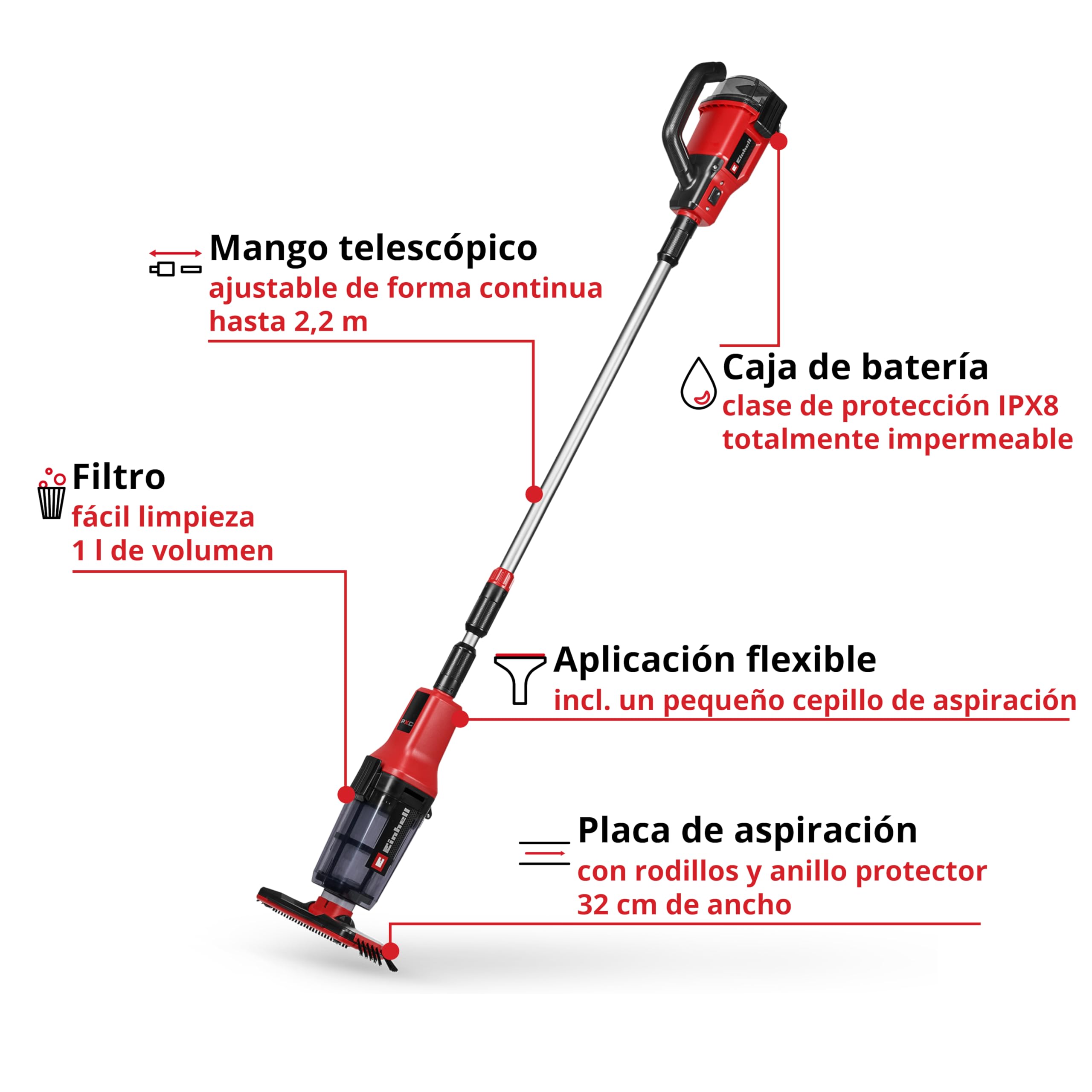Einhell Aspirador de Piscina con batería GE-PV 18/42 Li T-Solo Power X-Change (18 V, Placa de aspiración de 32 cm, telescópico hasta 220 cm, Filtro, Incl. Accesorio, sin batería)