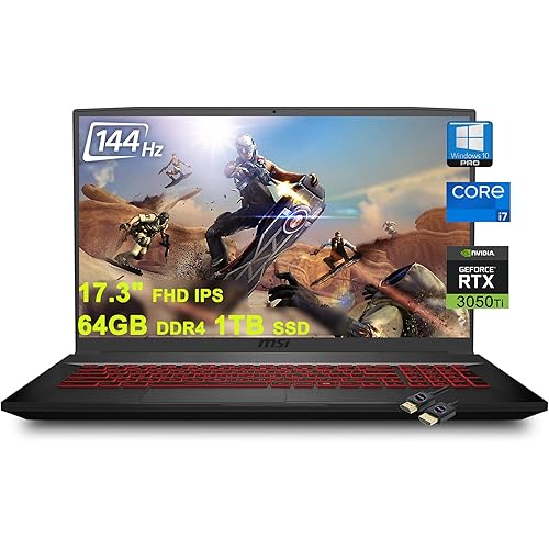 MSI Katana GF76 17 Gaming Laptop I 17.3'' Full HD IPS 144Hz 11th Gen Intel 8-Core i7-11800H 64GB DDR4 1TB SSD GeForce RTX 3050 Ti 4GB Backlit Nahimic USB-C Win10 Pro + 32GB MicroSD Card, Black,