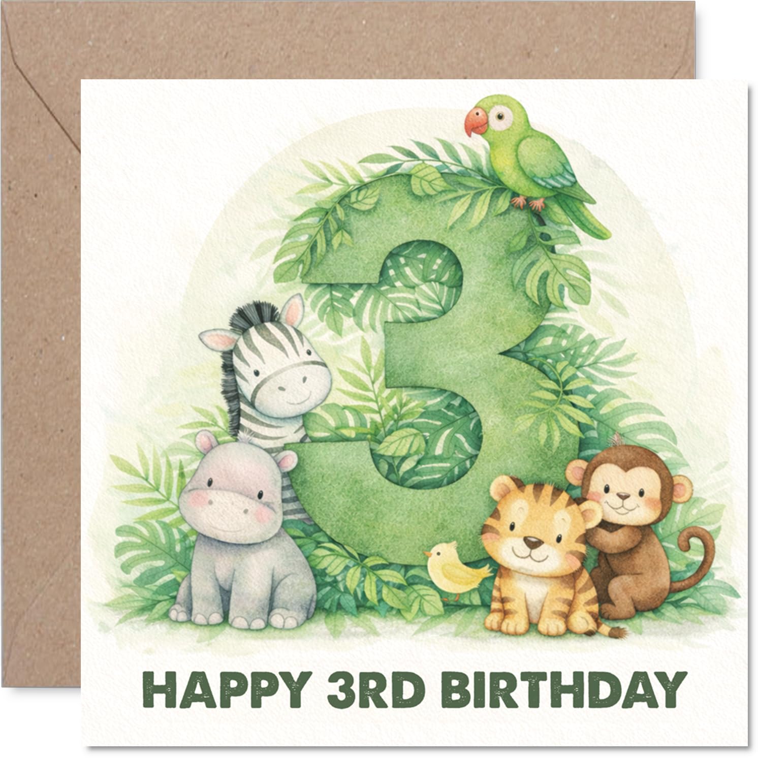 Playful 3rd Birthday Card - Bursting with Birthday Cheer - Jungle Animals Celebrate Around a Big Number 3-145mm Square, Envelope Included