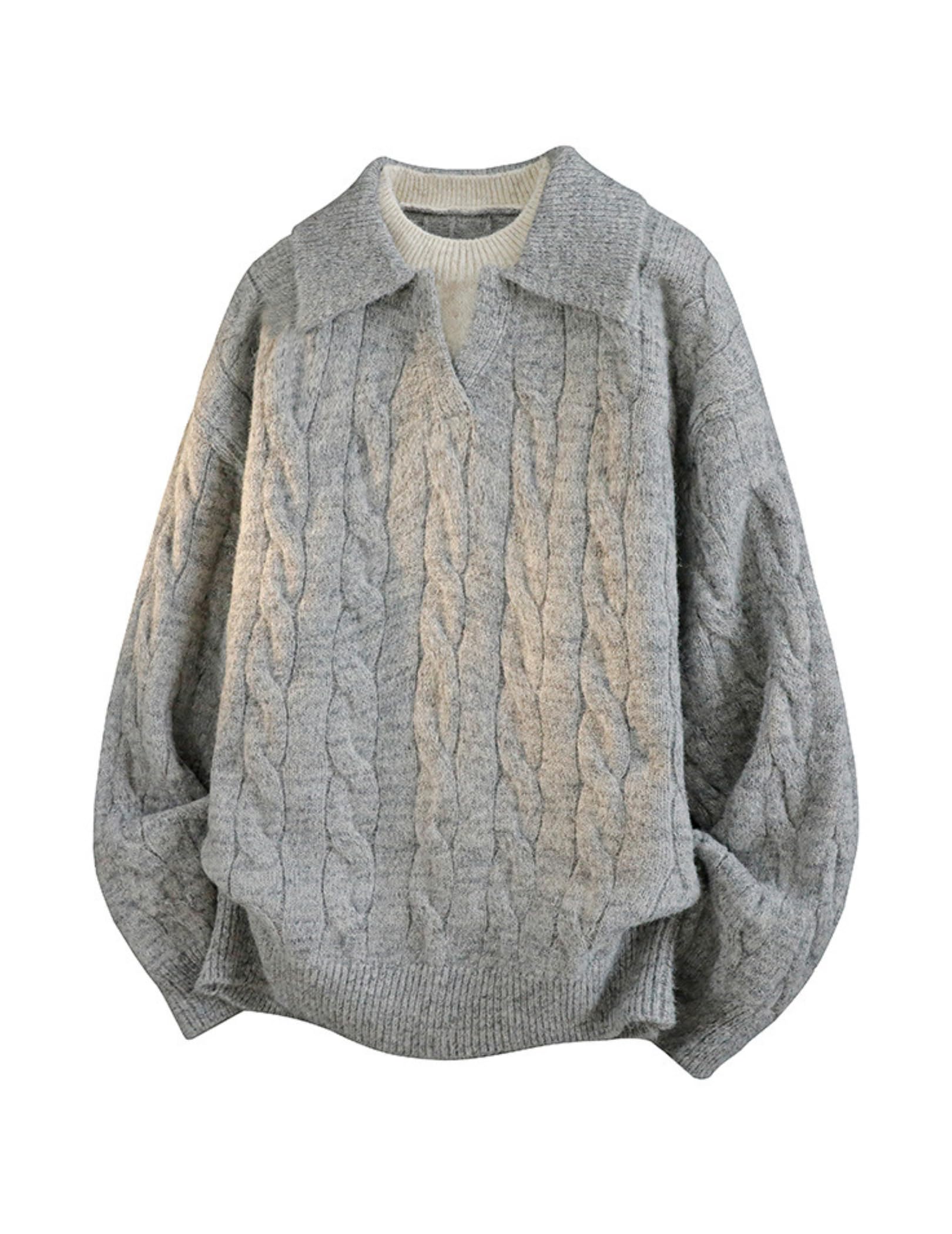 Photo 1 of Vamtac Mens Sweaters Collar Pullover Sweater Chunky Cable Knit Tops Fall Winter Fashion Outfits Faux Two Piece Grey