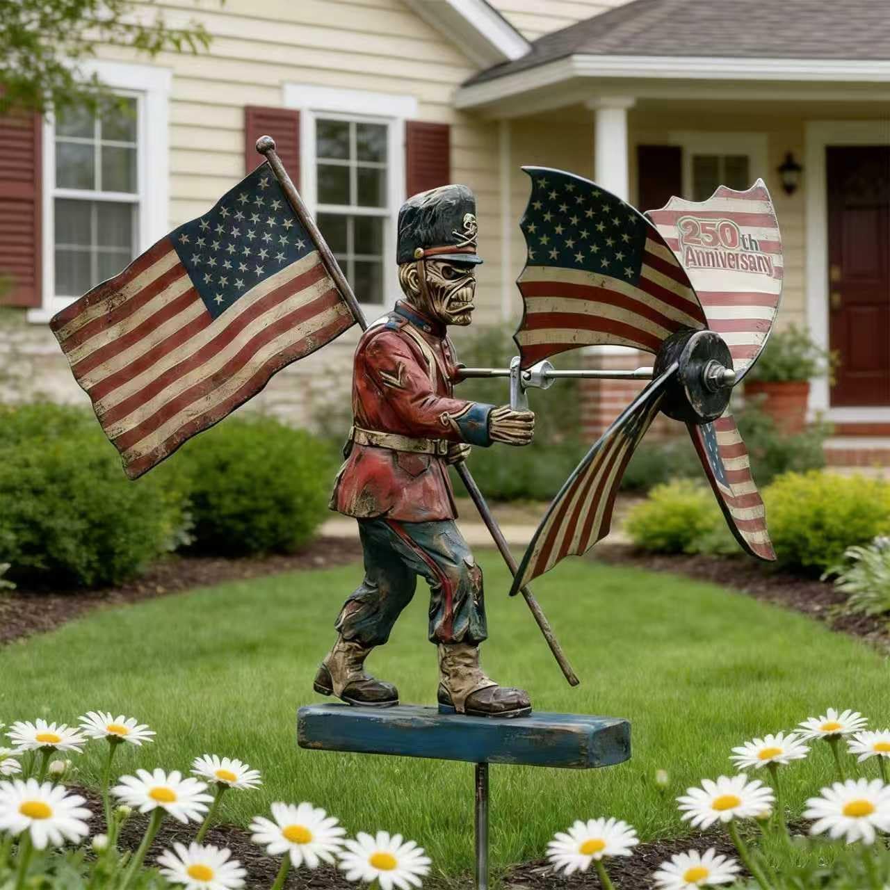 250th Anniversary Garden Wind Spinner, 1776-2026 Metal Outdoor Decor, Patriotic Soldier Wind Sculpture with American Flag, Metal Outdoor Wind Spinner Decor for Yard, Patio, Garden