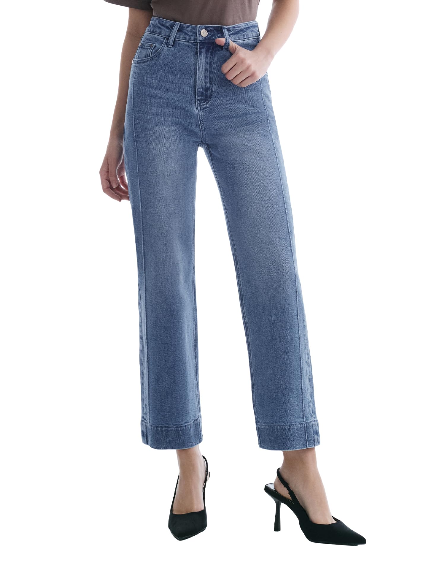 Women’s Straight Leg Jeans High Waisted Cropped Trendy Jeans Wide Leg Zipper Denim Pants Classic Blue 0