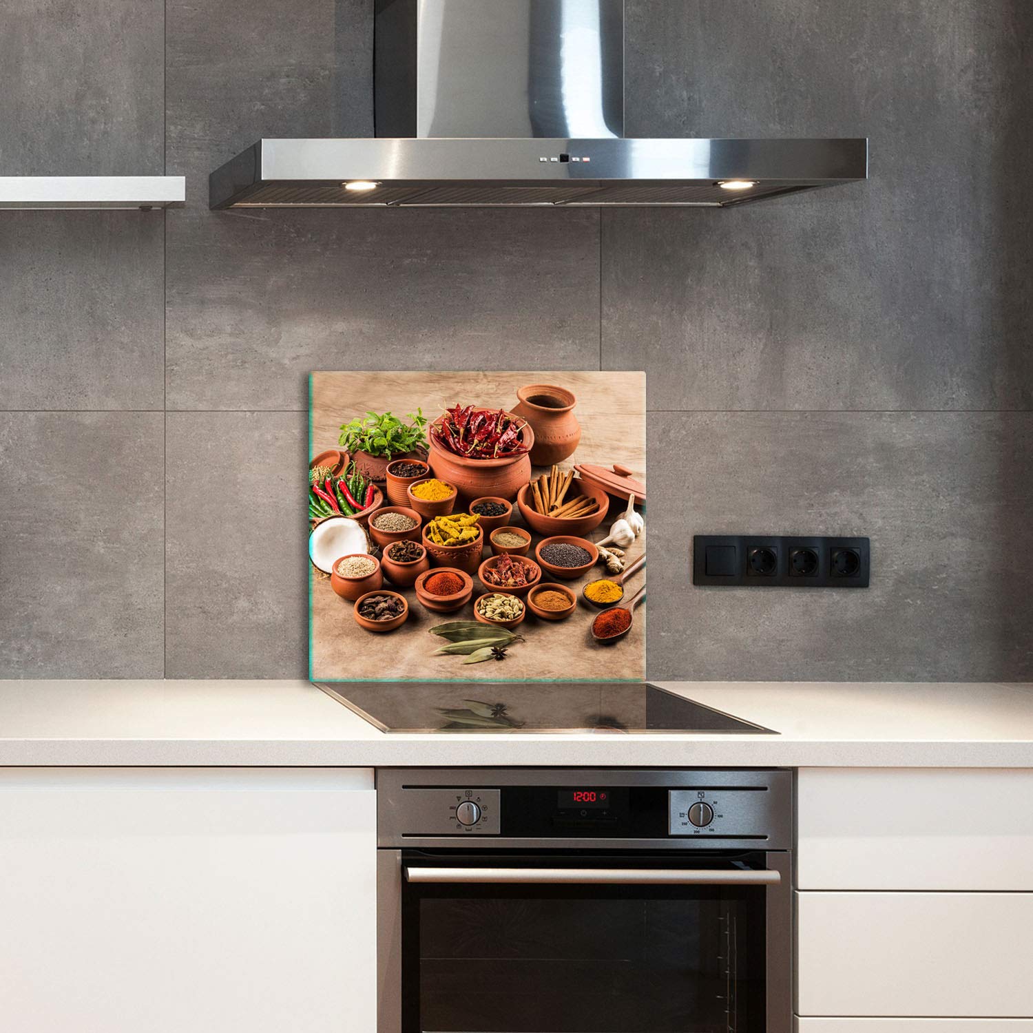 TMK Protection anti-éclaboussures en verre trempé pour crédence de cuisine - 65 x 60 cm - Verre décoratif avec ruban adhésif autocollant - Paroi arrière en verre pour cuisine, épices.