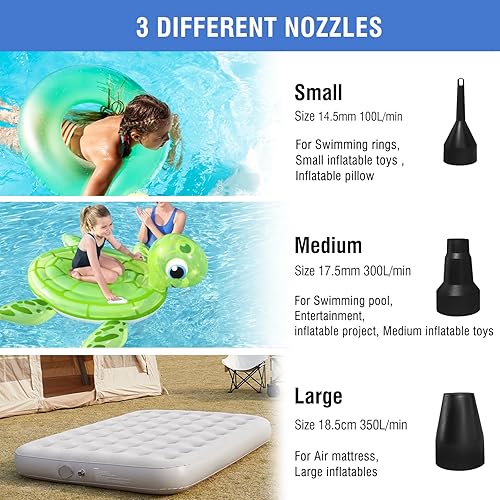 Miniatura 3 de Bomba de aire para inflables, bomba portátil de colchón de aire, inflador de llenado rápido con 3 boquillas, 110-240V12V CC, bombas de aire de mano