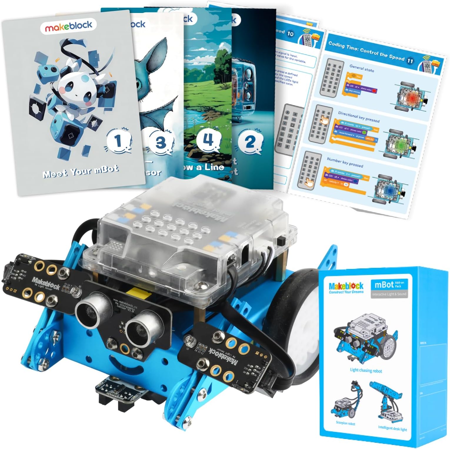 mBot Robot Kit with Scratch Coding Box + Interactive Light & Sound Add-on Pack