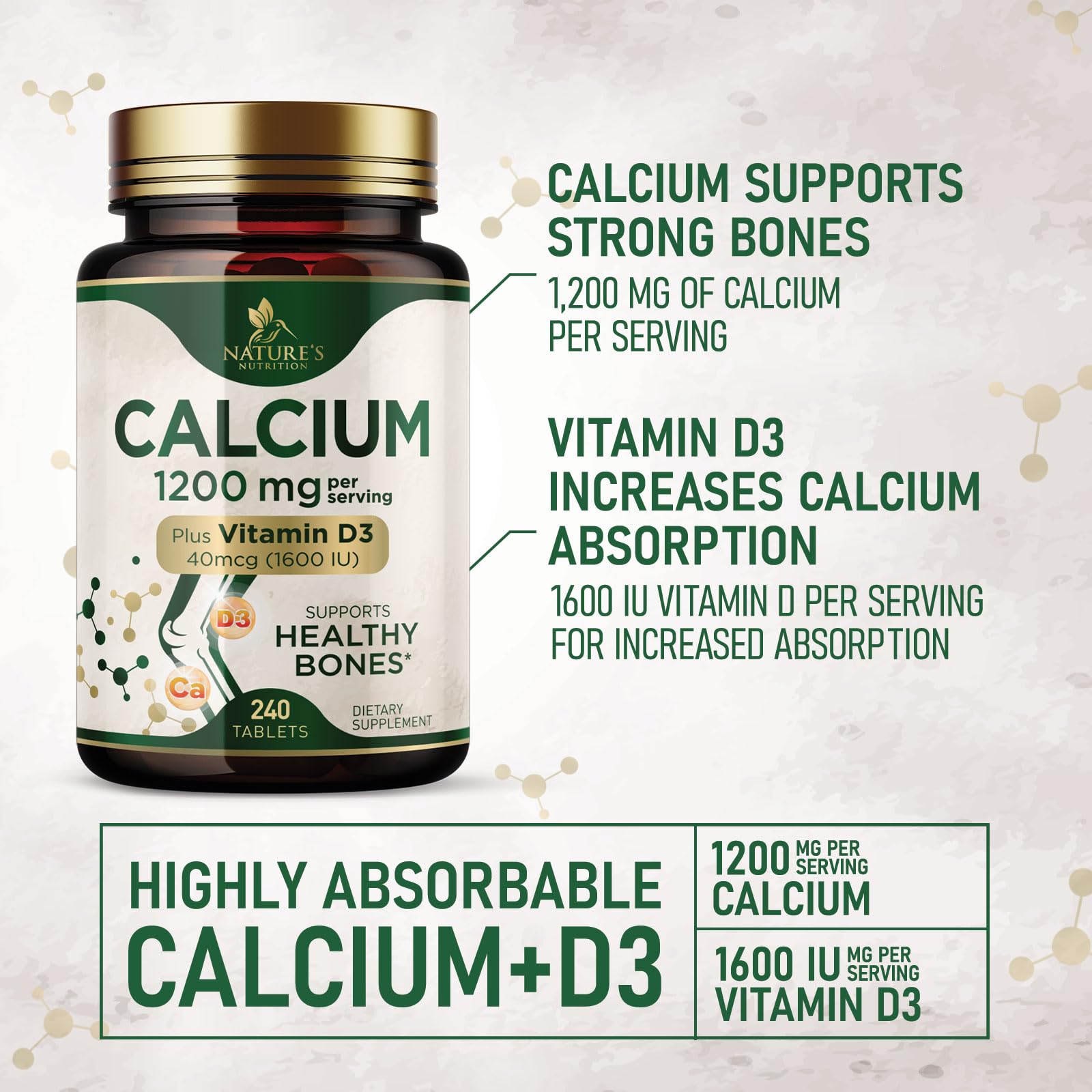 Calcium 1200 mg with Vitamin D3 - Bone Health Supplement, Vitamin D & Calcium Supplements for Women & Men - Bone Strength, Teeth & Immune Support, Nature's Calcium Pills, Bottled in USA - 240 Tablets — Amazon image 3