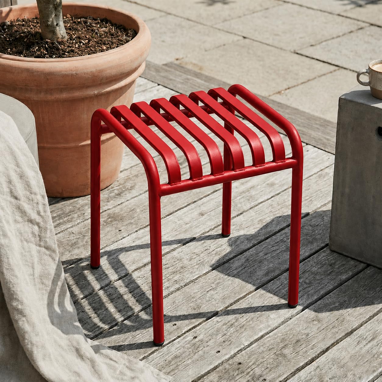 84202 Metal Stool, Modern Slatted Steel Seat, Compact Indoor & Outdoor Accent Stool with Non-Slip Feet for Patio, Balcony & Living Space - Red-picture-31