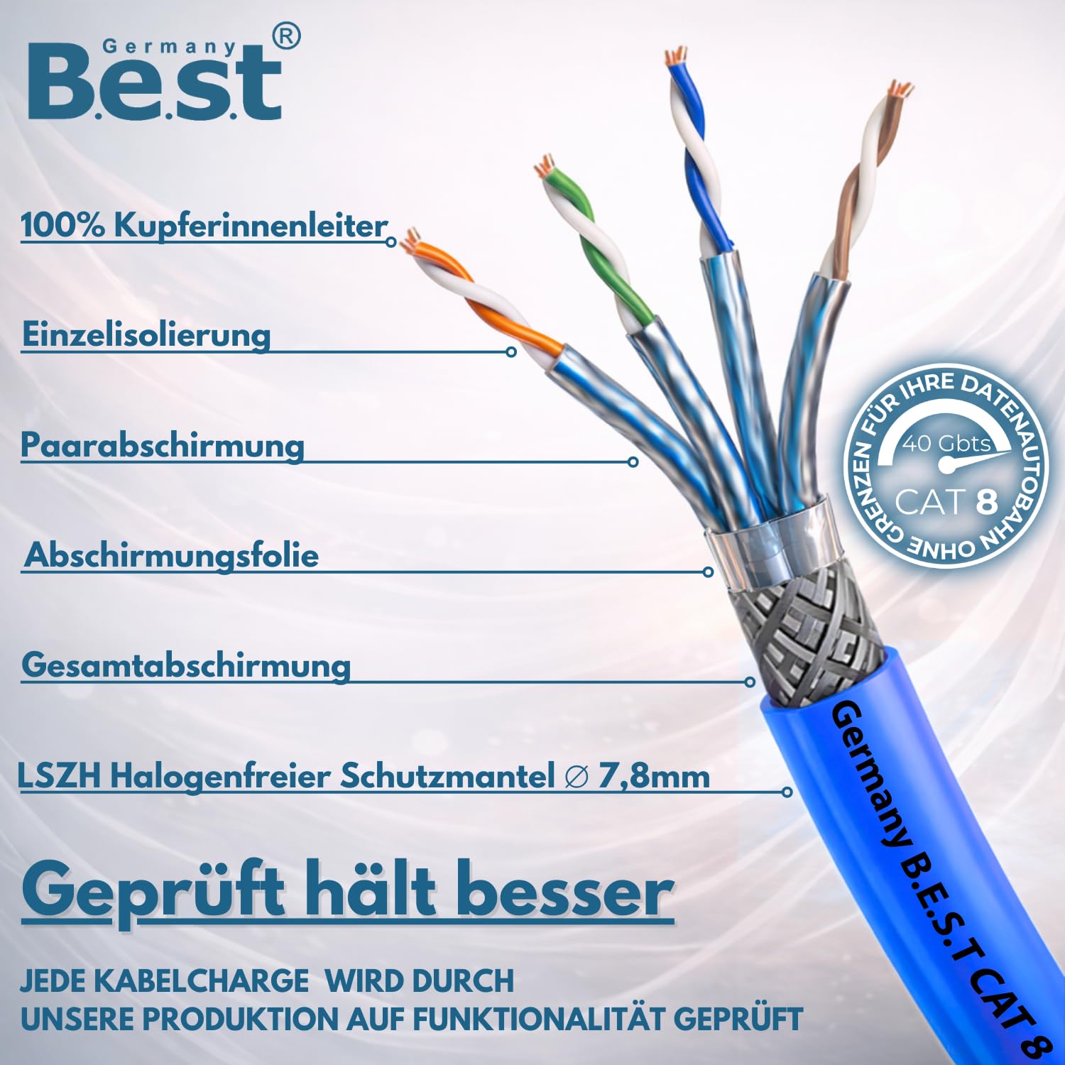 Germany B.e.s.t Cable de red CAT 8, 200 m, sin halógenos, cable de instalación, 40 Gbit/s, cableado CAT8, cable de datos de red CAT8.1 LAN