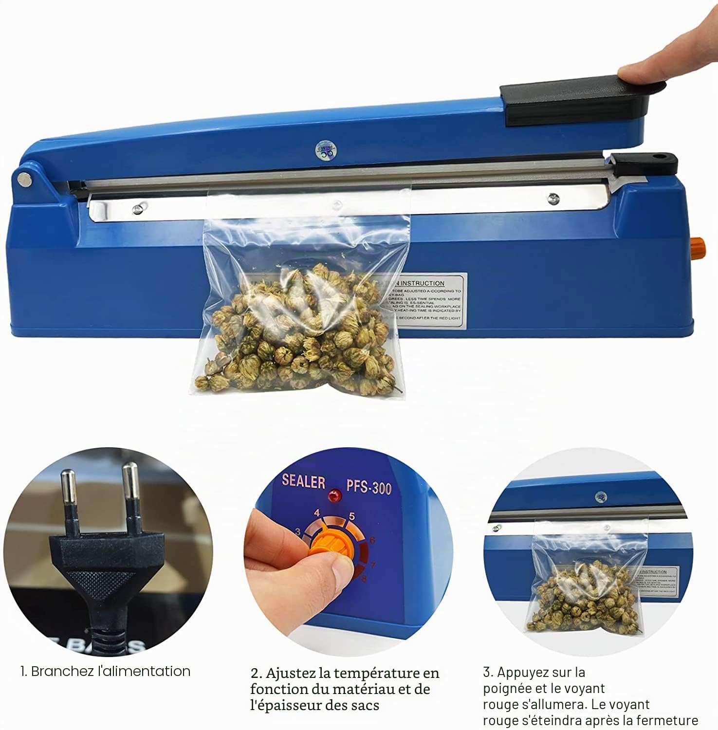 Thermoscelleuse Machine 300mm pour Sacs en Plastique PP PE Sachets Portable Scellant à Feuille 220V Impulse Bag Heat Sealer Joint 3mm Large avec Contrôle de la Température à 8 Vitesses