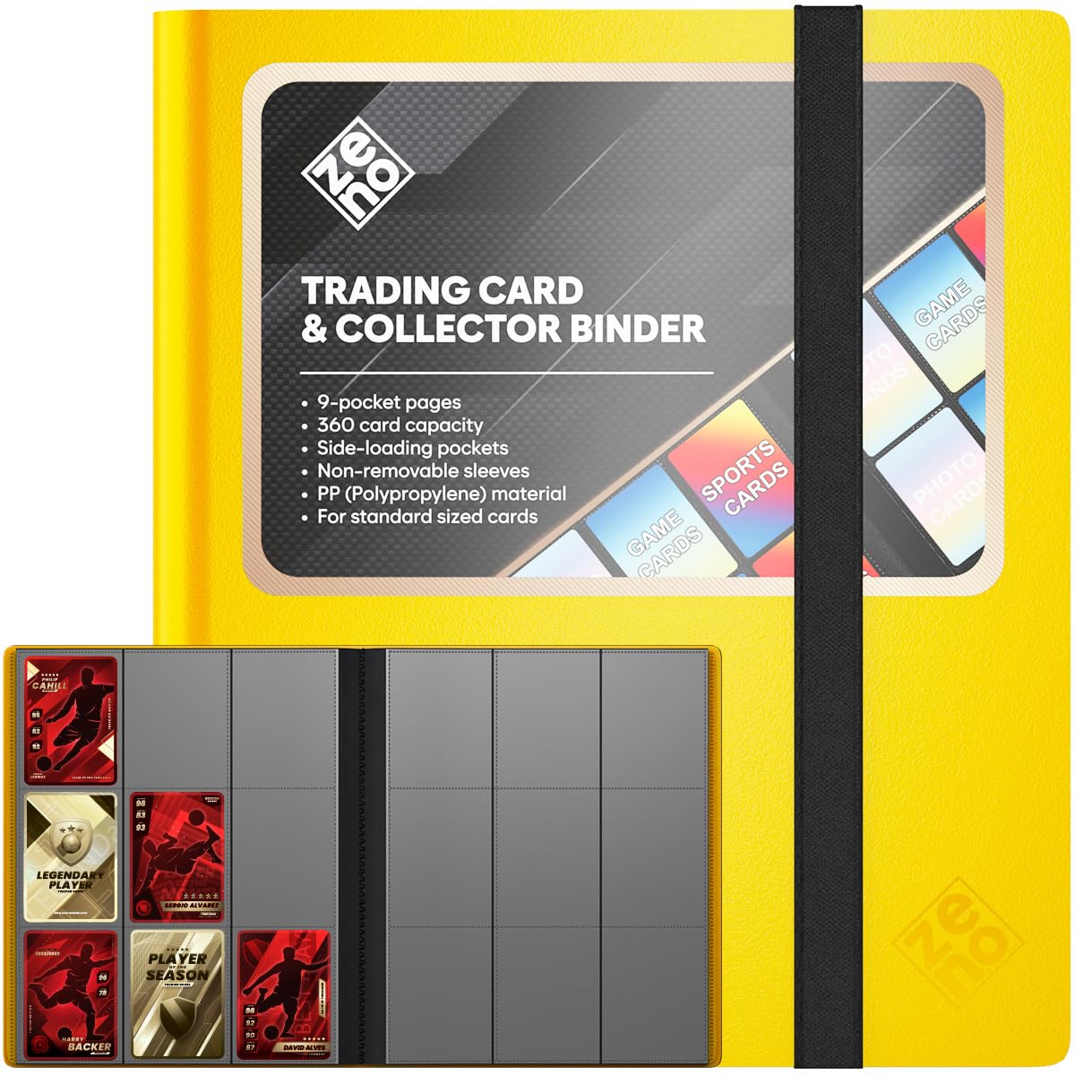 Sammelkarten Album 9 Pocket, Karten Sammelalbum mit 360 Karten Seitliche Taschen & nicht entfernbare Hüllen PP (Polypropylen) Sammelalbum Karten für Standardgröße Sammelkarten & Sportkarten - Gelb