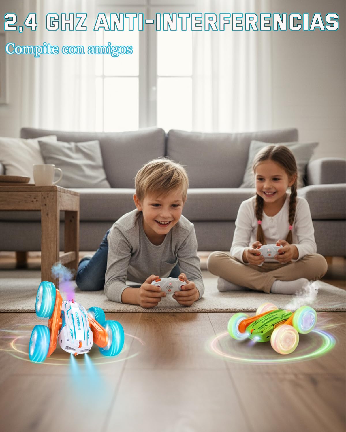 Fantocemea Coche Teledirigido, Luces LED Geniales, Coche RC con Efecto de Niebla, 2.4 GHz 360° Giro de Doble Cara, Regalo de Acrobacias para Niños de 6 a 12 Años（Verde — view 4