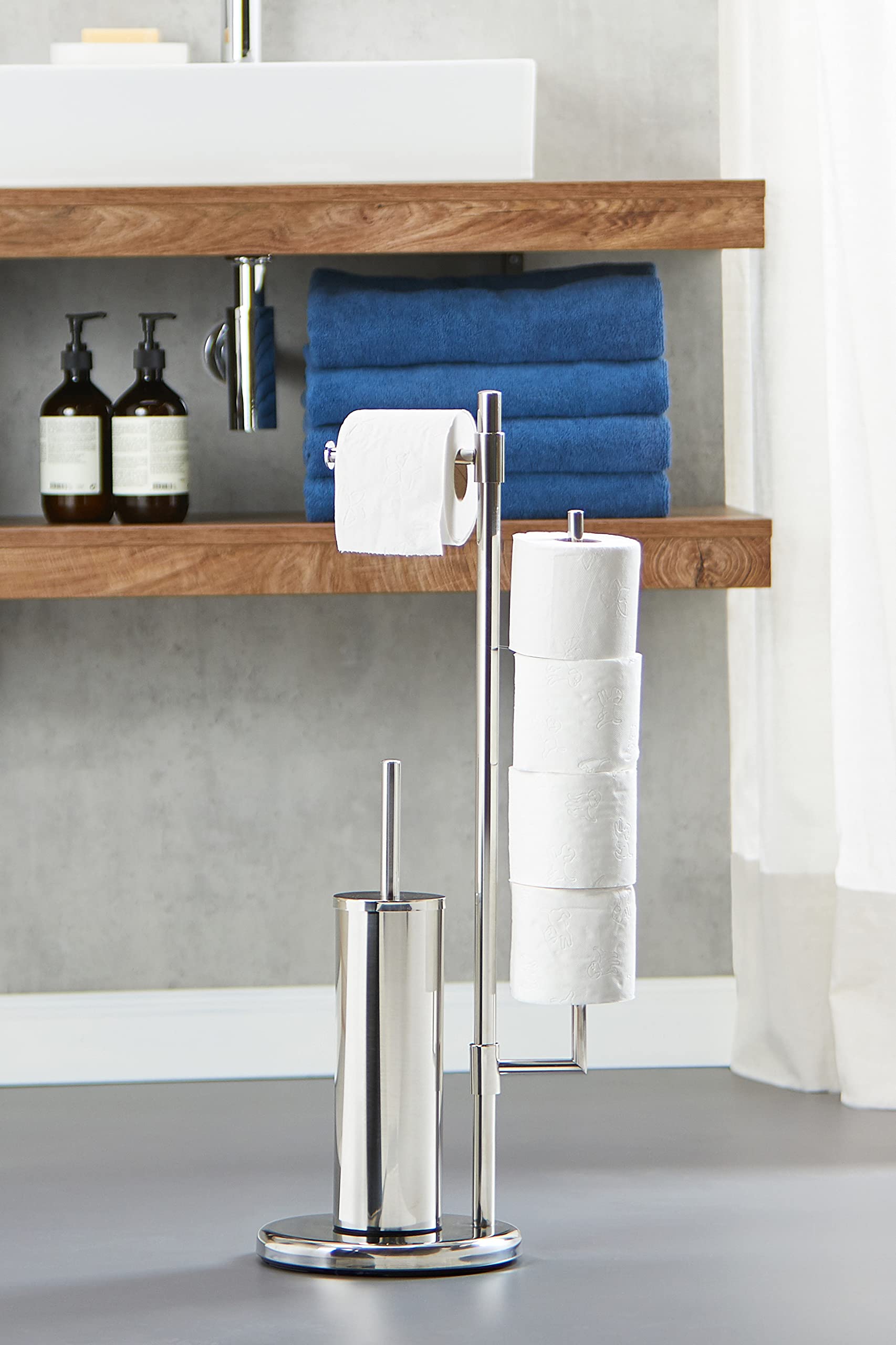 WENKO Piantana portarotolo e scopino in acciaio inox Universalo Neo, Acciaio inossidabile, 30 x 73 x 20 cm, Lucido