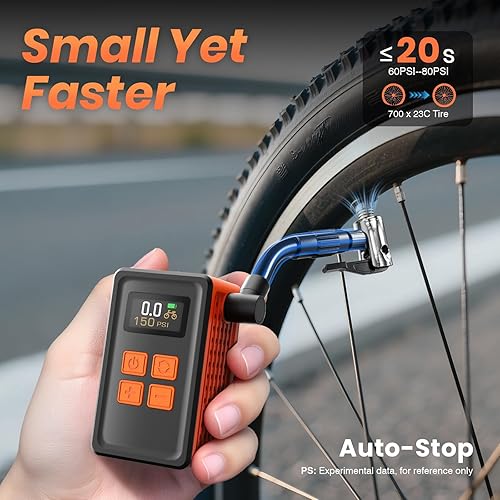 Miniatura 2 de Mini bomba de bicicleta con manómetro, bomba eléctrica de bicicleta máxima de 150 PSI con válvula Presta y Schrader, 4 veces más rápida, parada