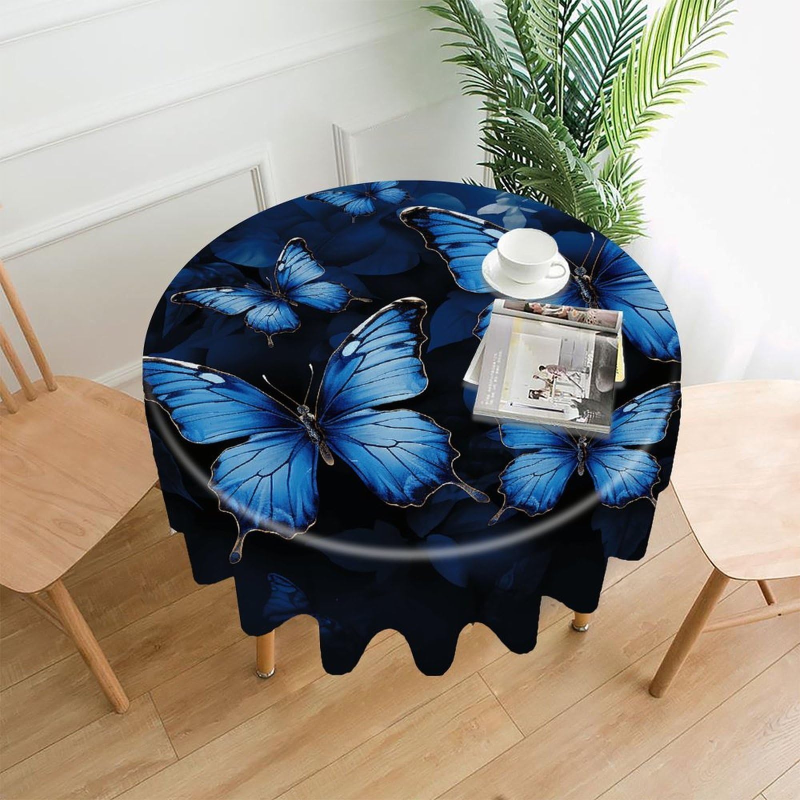 VstaDank Dark Blue Butterflies Tablecloth Easy to Clean Polyester Round Table Cover Washable Round Table Cloth Wrinkle-Free Circle Decoration Tablecloth for Kitchen Dining Room 60"
