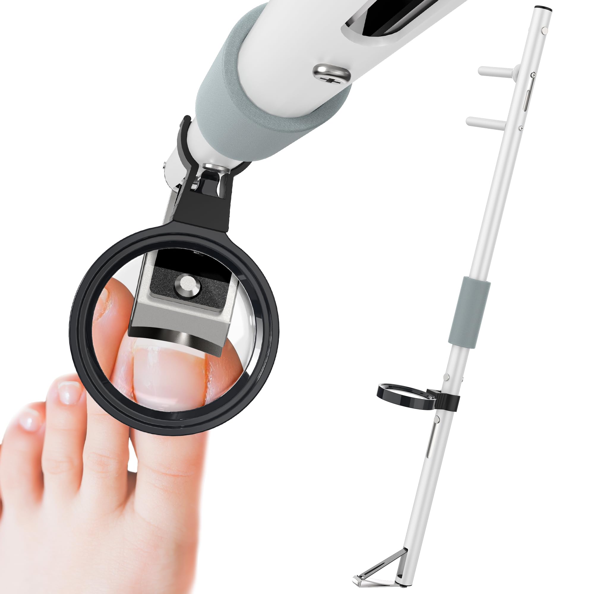 Nagelknipser mit langem Griff für schwer erreichbare Zehennägel – gebogene Zehennagelschere für Senioren, Übergewichtige und Menschen mit eingeschränkter Mobilität. (XS-50cm-Mit Lupe)
