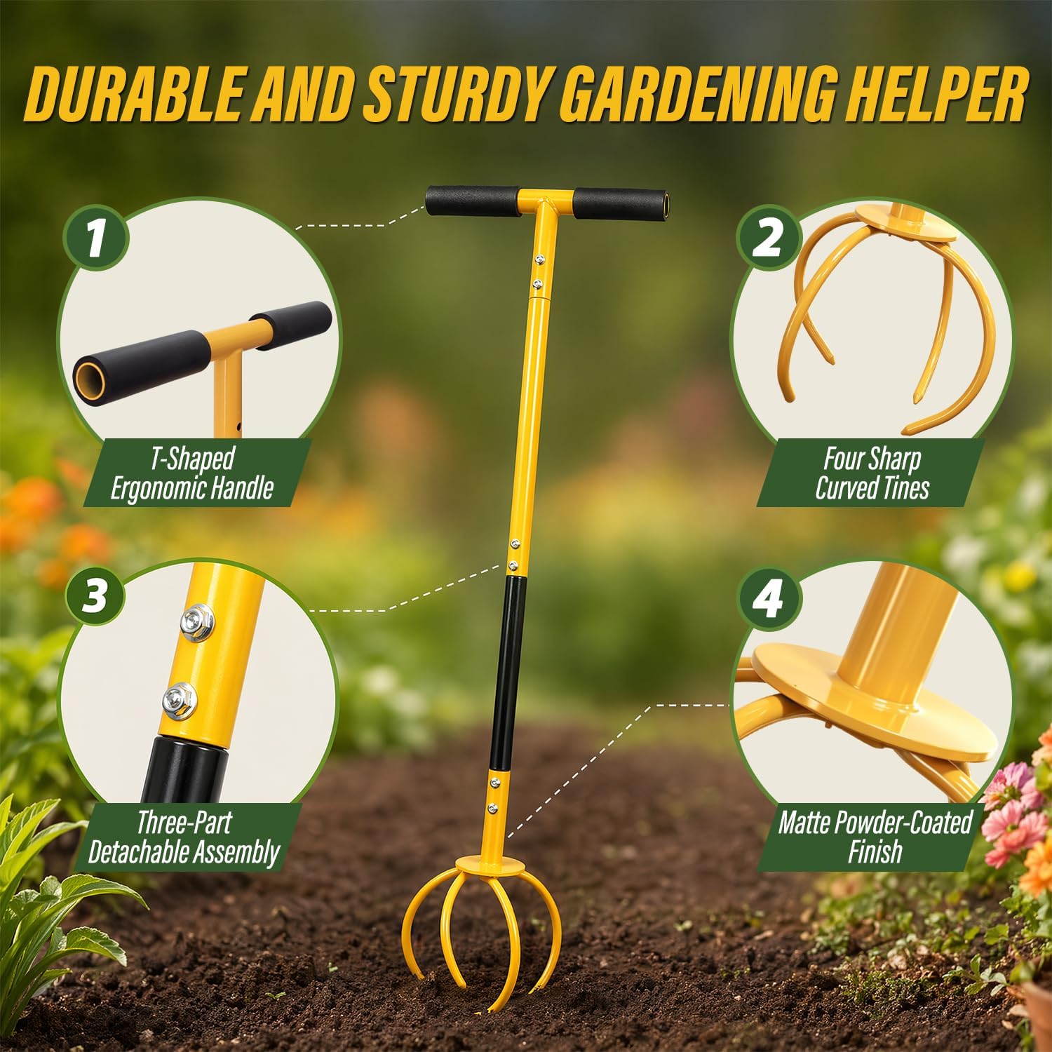 Sutekus Garden Twist Tiller, Manual Hand Tiller Claw for Soil Aeration, 4-Claw Steel Cultivator Turf Aerator for Lawn Garden Bed Plant Box, Loosen Soil, Grass Plug Aerating Tool