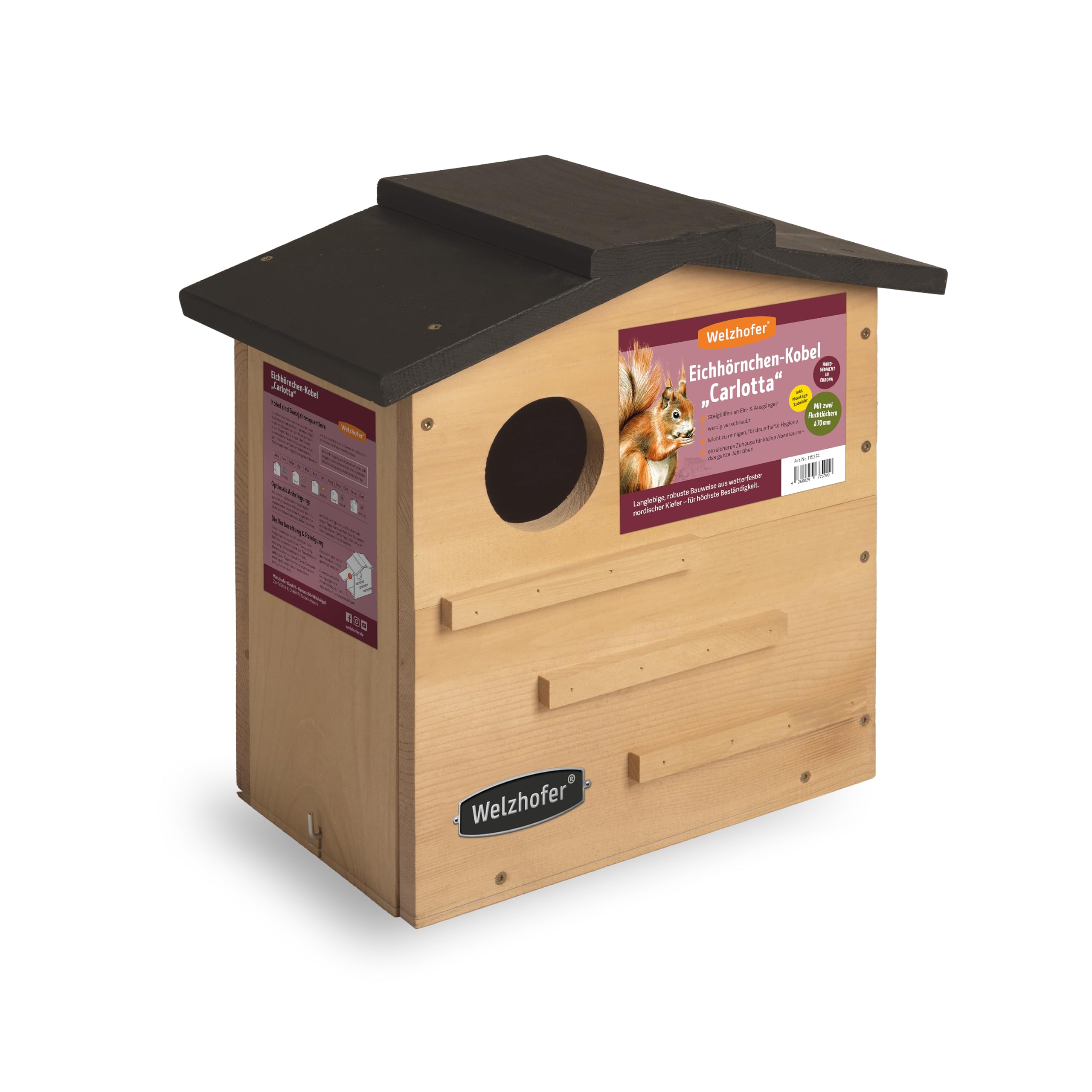 Eichhörnchen-Kobel Carlotta – wetterfestes Eichhörnchenhaus mit 2 EIN-/Ausgängen, Belüftung & Drainage – Nistkasten & Winterquartier zur sicheren Überwinterung im Naturgarten