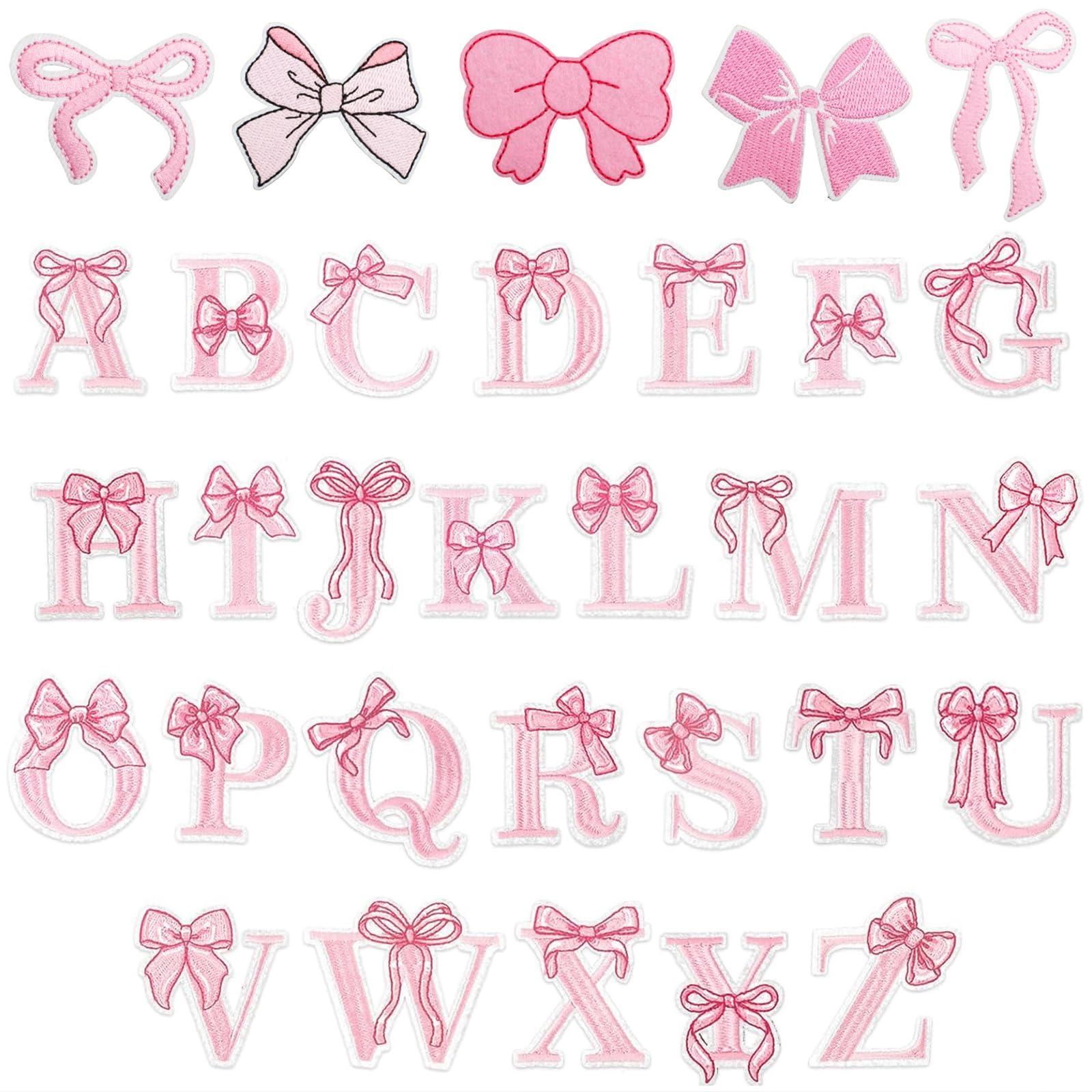 VelvetGlow Pink Bow Letter Patches,31 Pcs Pink Coquette Bowcore Girly Aesthetic Iron-On Patches - Cute Ribbon Bows Embroidery Patches For Backpacks Clothing Hats Jackets Decor
