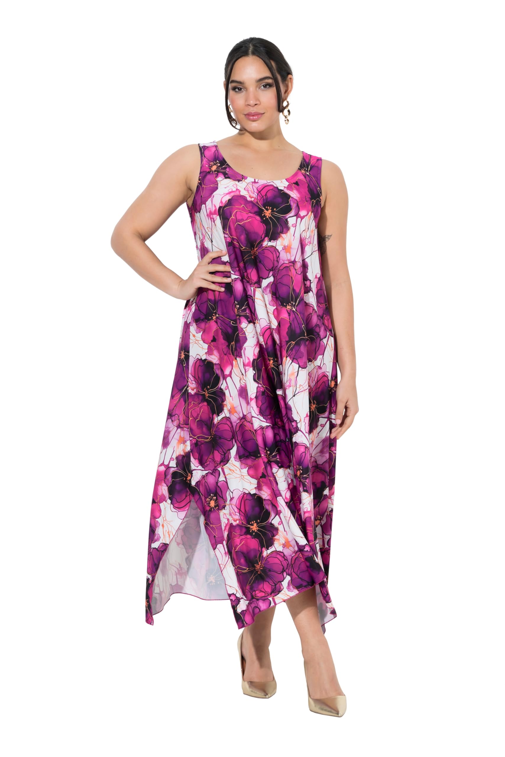 Ulla Popken Damen große Größen Übergrößen Plus Size Jerseykleid, Blüten, Rundhals, ärmellos 848180