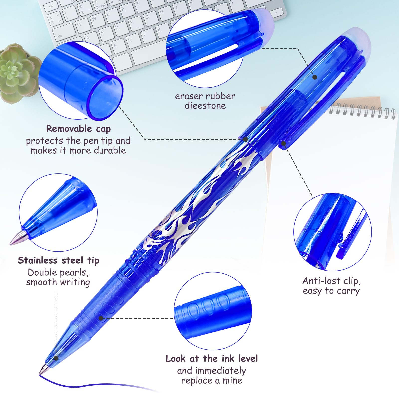 Obidodi 8 Erasable Gel Pens - Blue, Rub Out Pens with Rubbers for Kids & Adults, 0.5mm Point, 1 count (Pack of 8) - Image 2