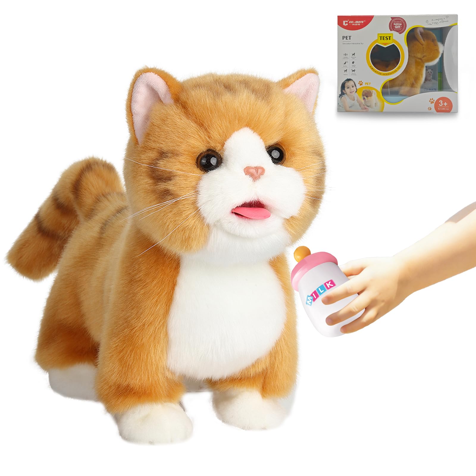 CU-MATE Electronic Walking Cats, Realistic Interactive Pet Toy, Walking, Barking,Wagging Tail & Talking, Gifts for Boys and Girls (Electric Golden British Shorthair Cat)