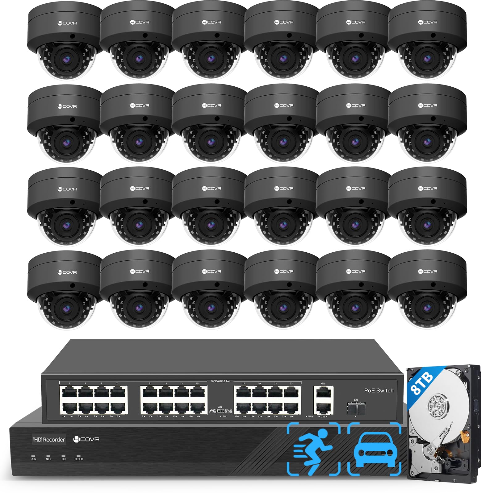 4COVR PoE 32 Channel Security Camera System AI Human Vehicle Detection, 24Pcs 5MP IK10 Vandal-Proof Dome IP Camera IP67 with Mic, 4K UHD NVR 8TB HDD,
