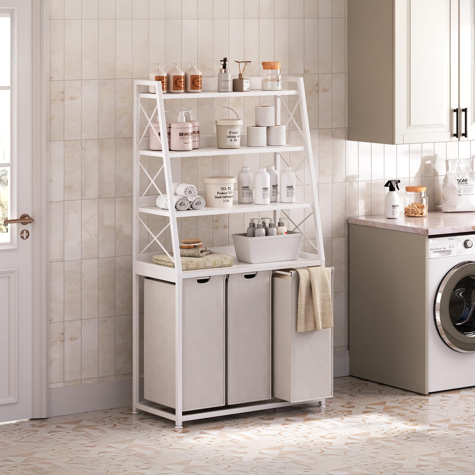 Herture Wäschekorb, 3 Abschnitte Wäschesammler mit 4 Etagen Regal, ausziehbare und abnehmbare Wäschesäcke, groß 3 x 60 L, für Waschküche Badezimmer, Weiß PF05XLW