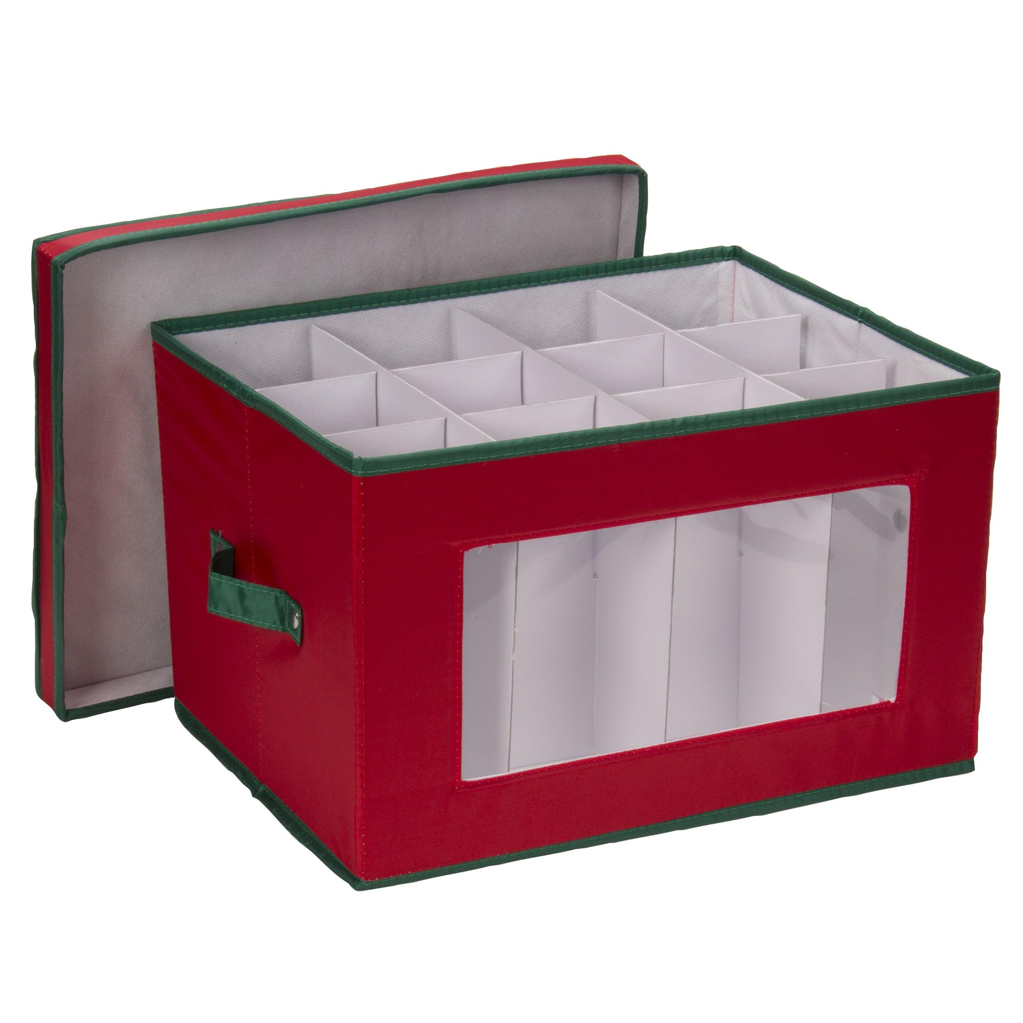 HoUSehold Essentials 540Red Holiday China Storage Chest With Lid And Handles, Cocktail Gl And Red Canvas With Green Trim, Red & Green