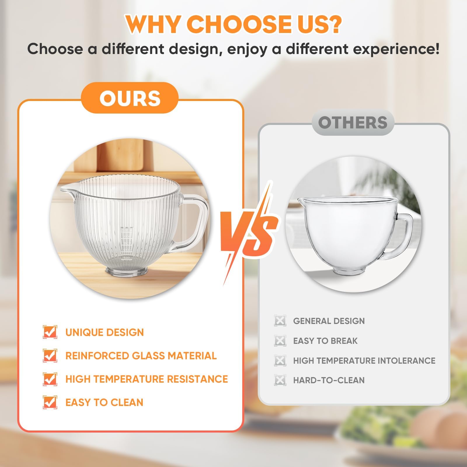 Cofun Glass Mixer Bowl for Kitchenaid Tilt-Head Stand Mixers 4.5-5 Quart, 5 qt Mixing Bowl Replacement for Kitchen aid with Measurement Markings,Handle