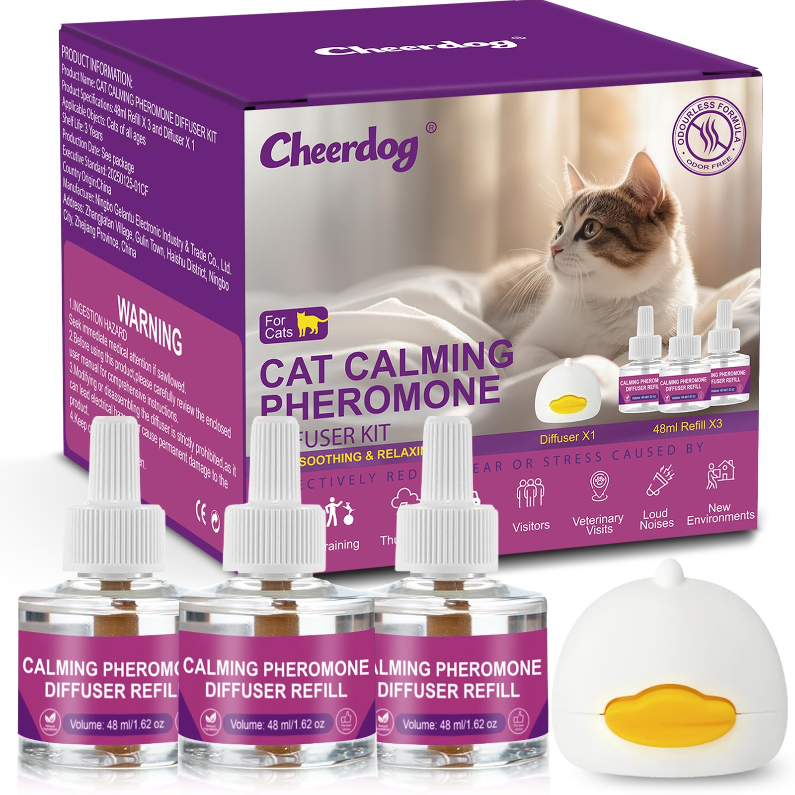 Cheerdog Cat Pheromones Calming Diffuser Relieve Anxiety Stress Cat Calming Diffuser Comfort for Cats 3 Refills, Reduce Fighting and Scratching Calm Relaxing Fits All Cats
