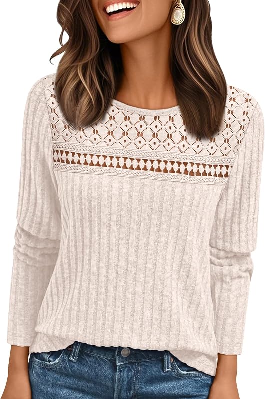 Camisas de manga larga de encaje para mujer AUTOMET Tops otoño 2026 suéter ligero