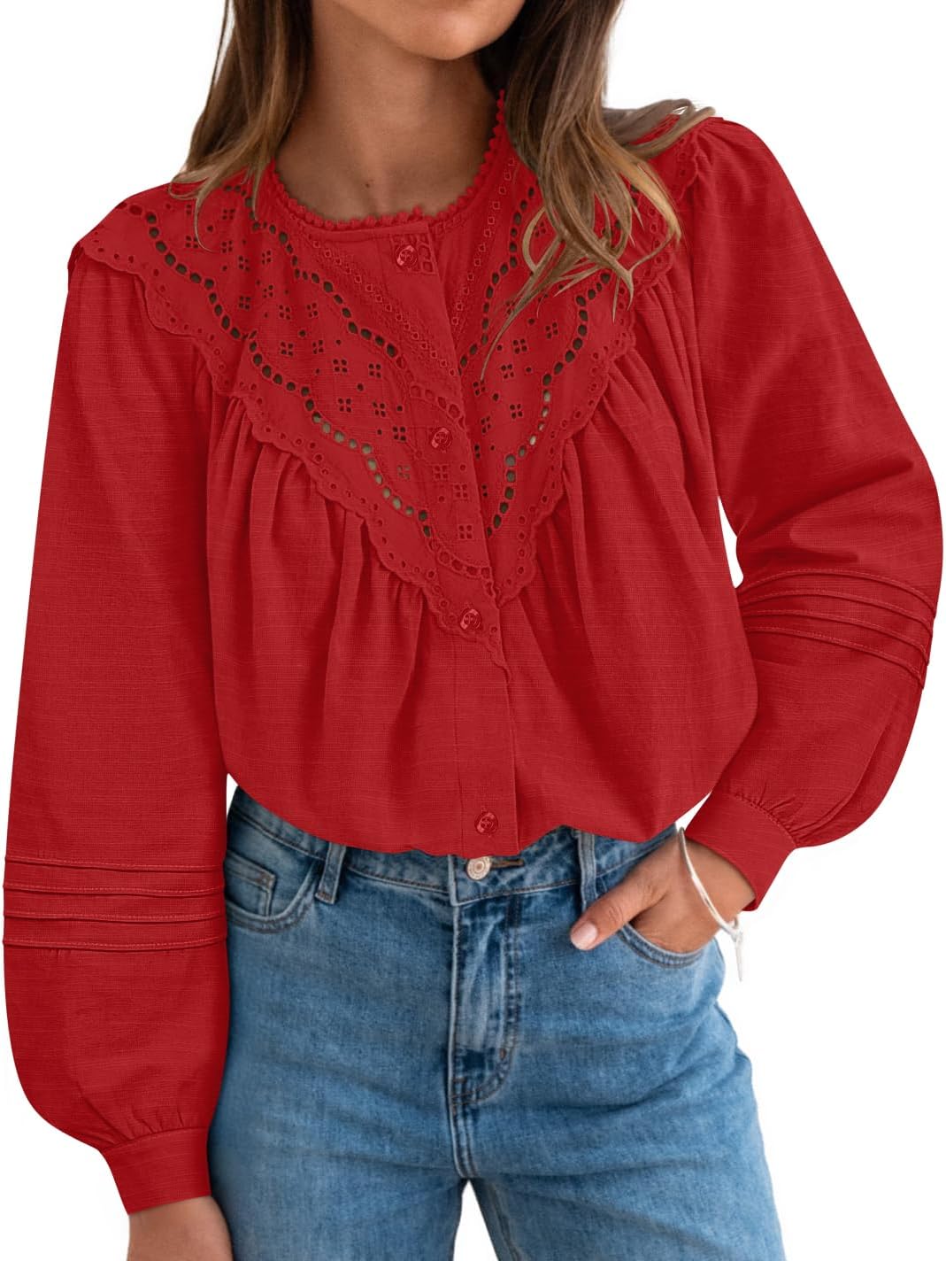 ZESICA 2026 Spring Summer Long Puff Sleeve Babydoll Tops for Women Lace Crochet Button Down Boho Victorian Shirts