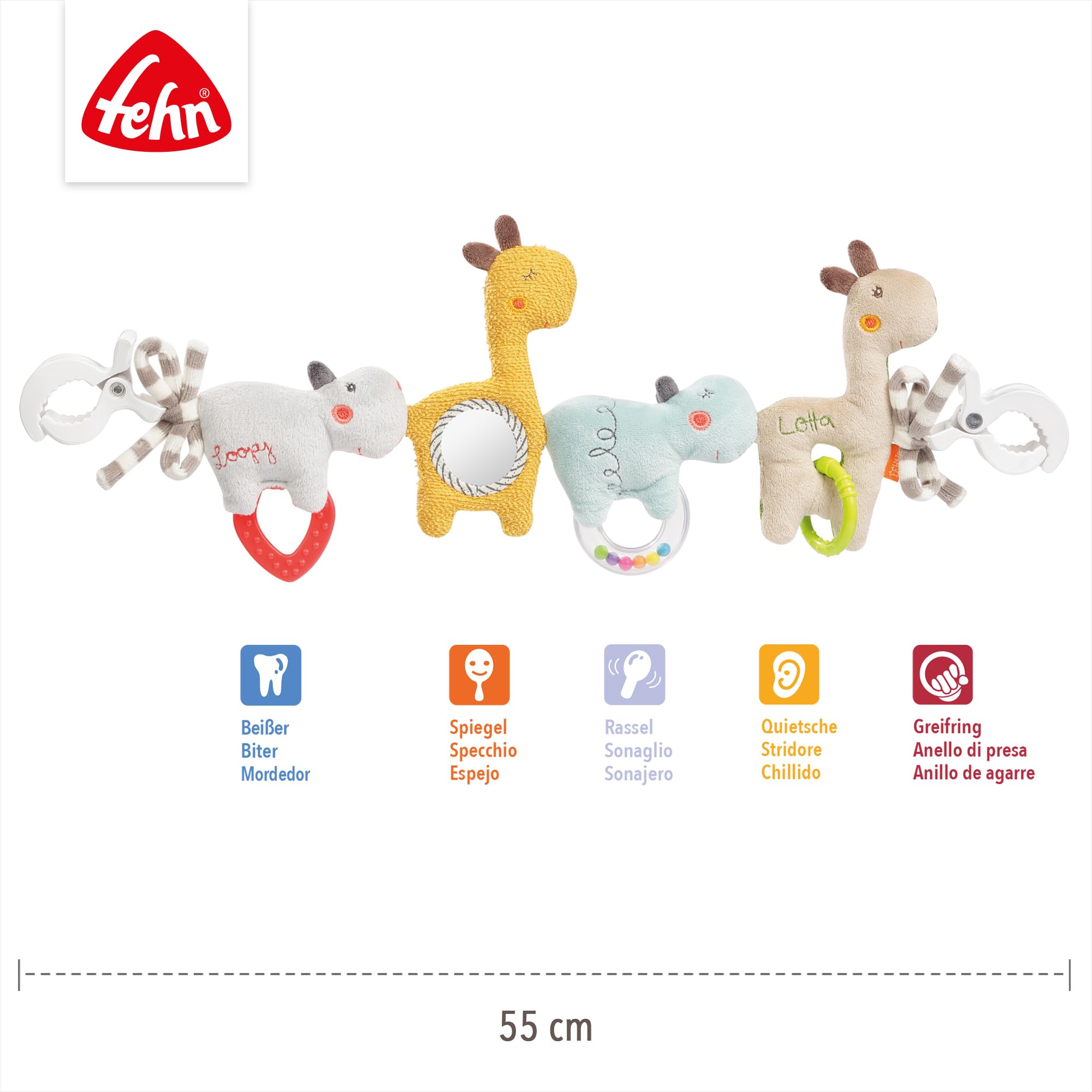 Fehn Loopy y Lotta 059137 - Cadena para cochecito, cadena móvil con simpáticas figuras colgantes para colgar de forma flexible, para bebés y niños pequeños a partir de 0 meses, longitud: 45 cm