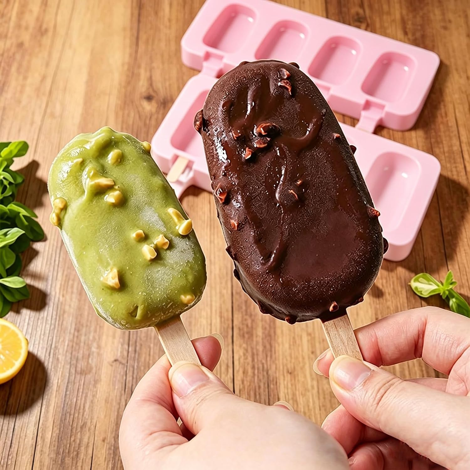 2pcs Large Silicone Popsicle Molds Set,4 Cavities Cake Pop Molds,Oval Ice Cream Bar Mold Ice Pop Cakesicle Molds Silicone with 100 Wooden Sticks