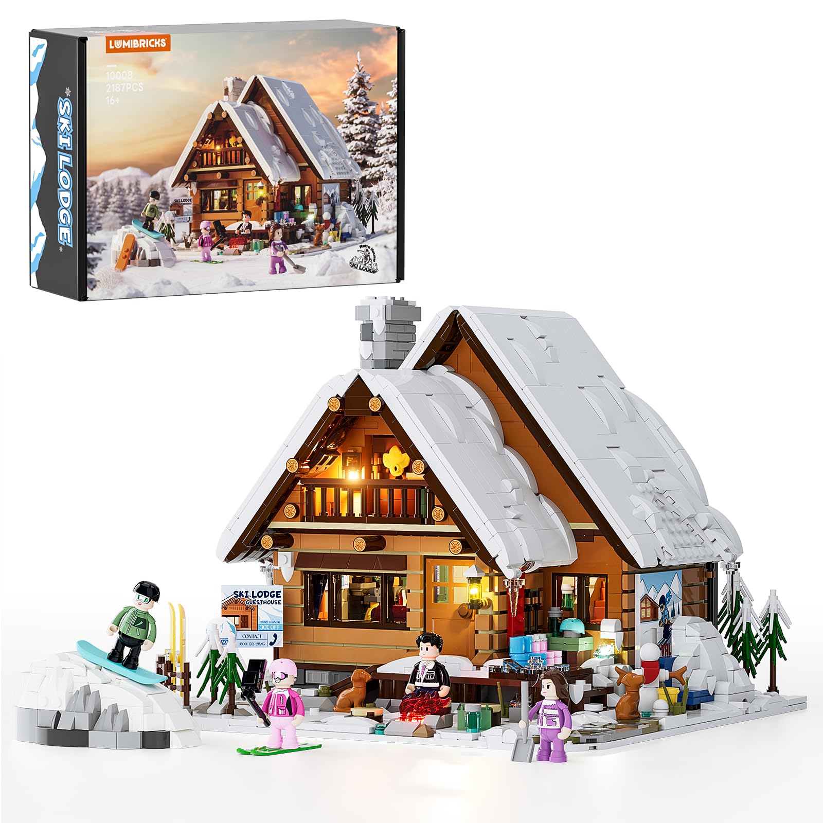 LUMIBRICKS Domek narciarski z oświetleniem LED, 2187 elementów, zestaw zimowy dla dorosłych, nordycki domek wakacyjny z kominkiem, ogniskiem, sceną narciarską i 4 mini figurkami