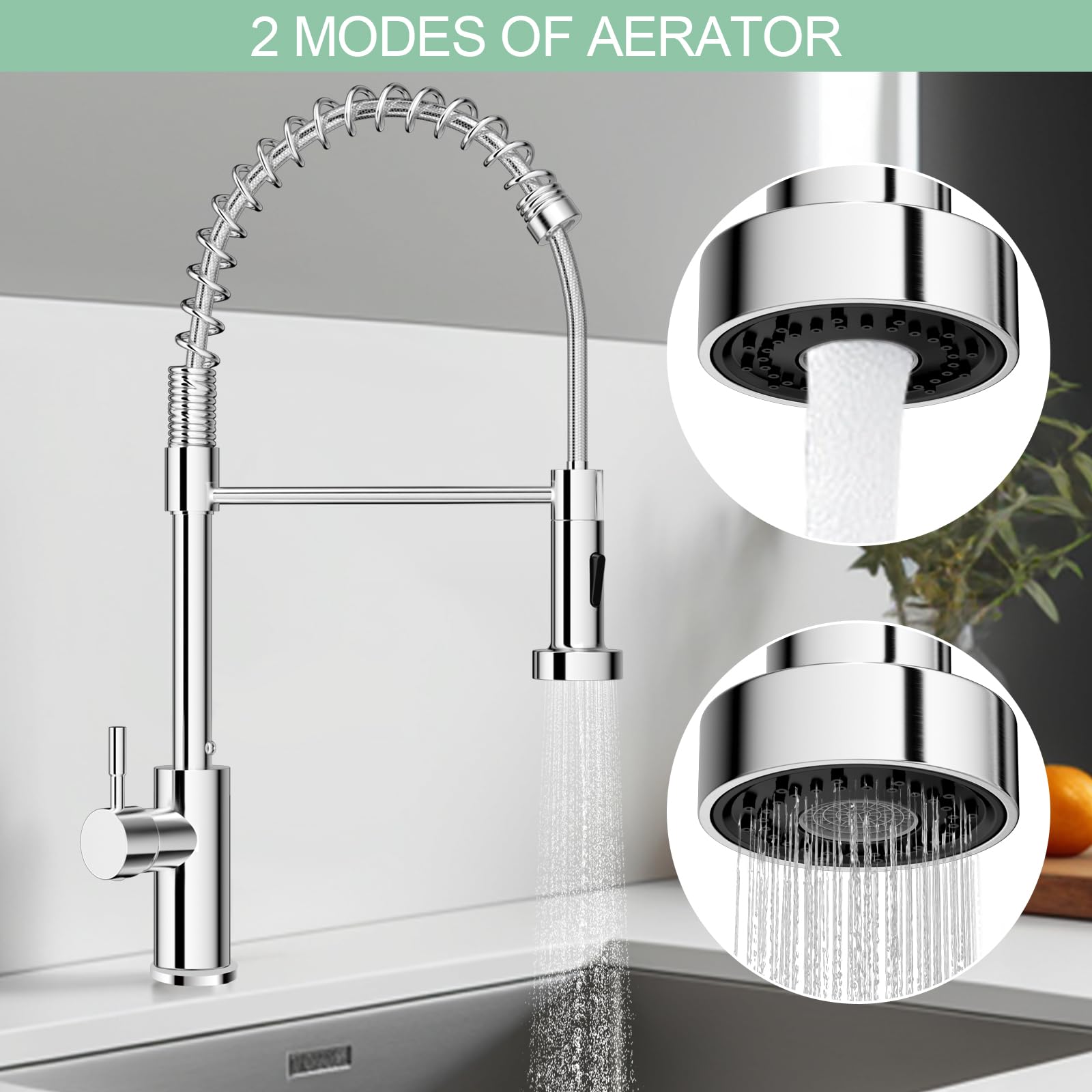 Robinet Cuisine, Mitigeur Évier à Arc Élevé avec Douchette Extensible 360° Pivotant, Mitigeur Cuisine avec 2 Types de Jet, Robinet D'évier en Acier Inoxydable, Installation Facile, Chromage