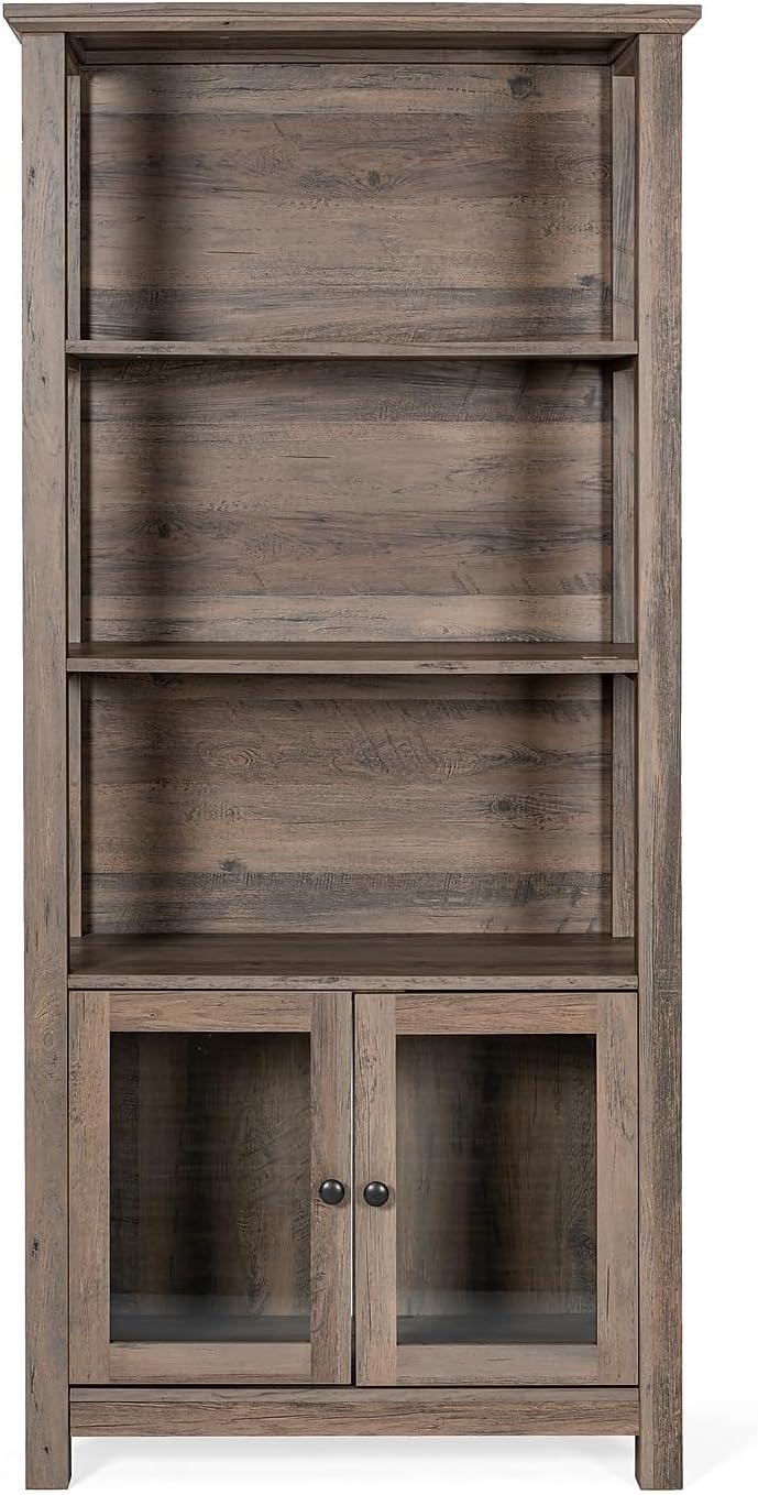Flash Furniture Stella Bookcase Cabinet with 2 Glass Doors, Bookshelf with 3 Storage Shelves, Wood Storage Cabinet for Living Room or Home Office, 67.75" H, Gray Wash