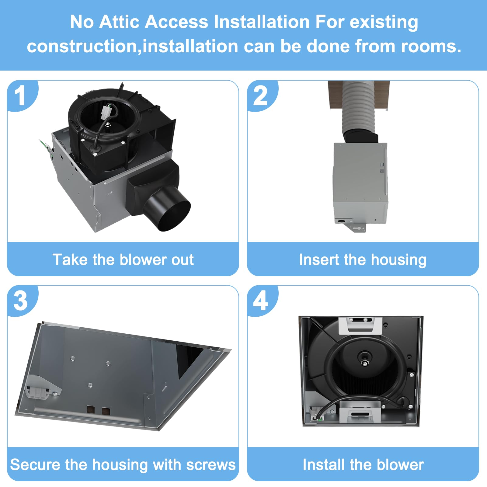 Ventola di scarico da bagno 80 CFM 1.5 Sone, condotto da 10 cm, ventola di ventilazione certificata Energy Star silenziosa, facile da installare, non è necessario l'accesso alla