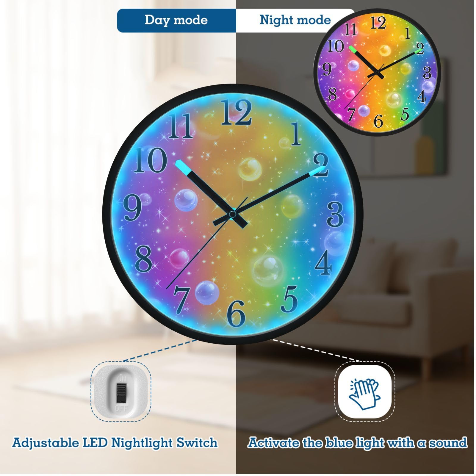 Mnsruu Reloj de pared luminoso con patrón de burbujas coloridas de arcoíris degradado, funciona con pilas, reloj silencioso que brilla en la oscuridad, para sala de estar, cocina, 12 pulgadas