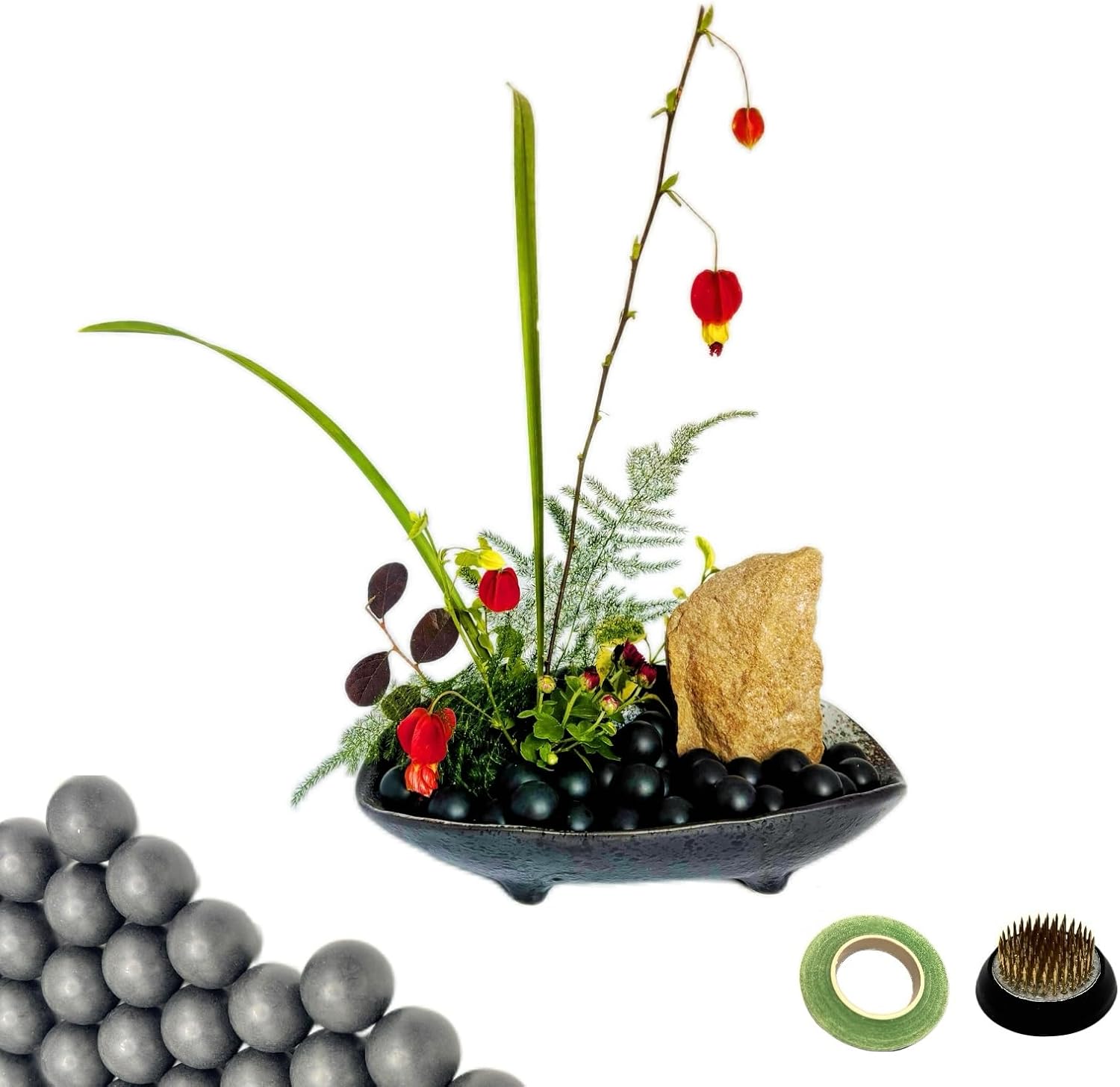Japanese Ikebana Tool Kit With Ikebana Vases Pottery Vase,Copper Kenzan Pin Frog ,Absorbent Floral Green Tape,Moisture Evaporation Reducer,Root Cover Ball Floating PP Plastic 19.05mm balls (1, BOAT)