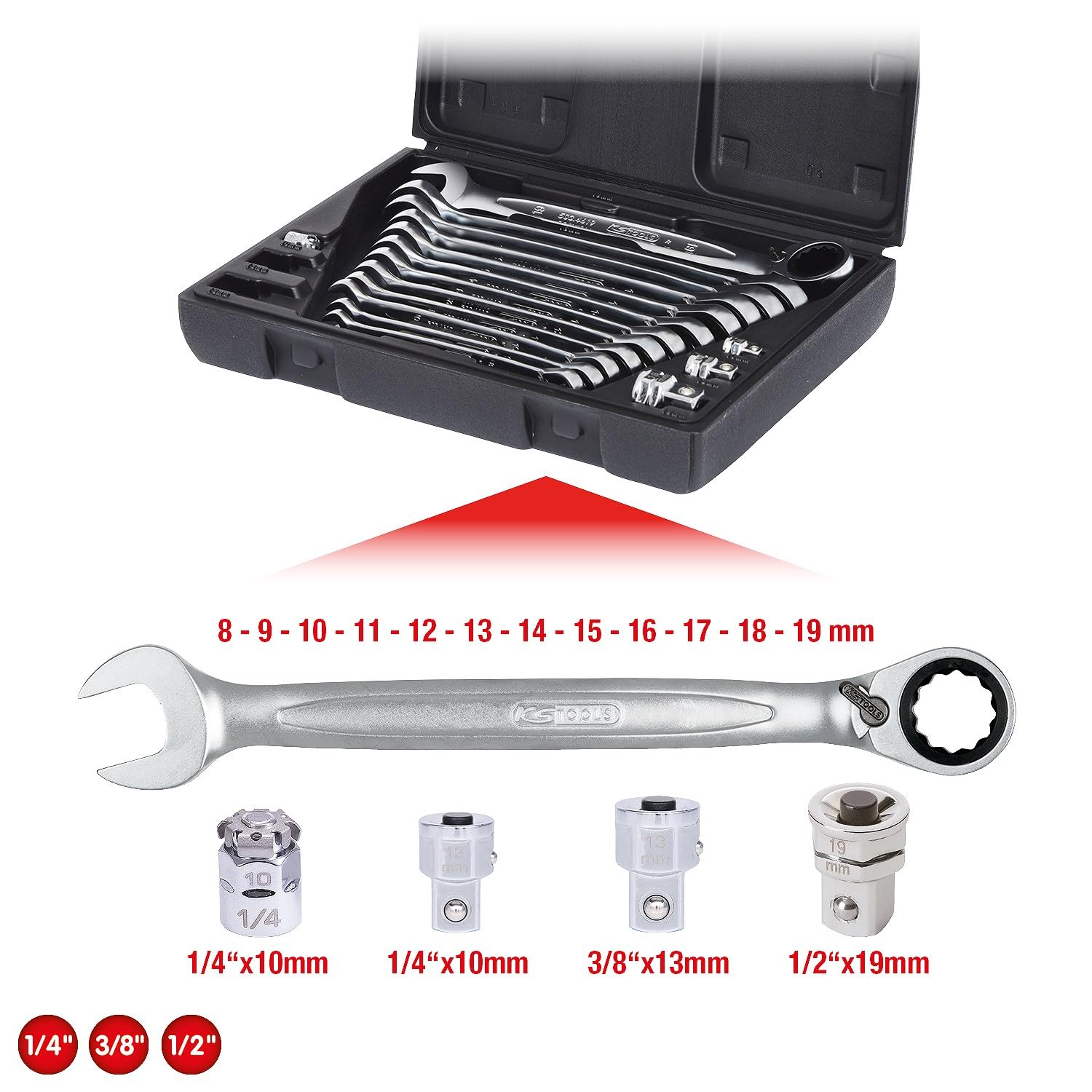 KS Tools 503.4666 GEARplus Zestaw kluczy płasko-oczkowych z grzechotką, przełączalnych, 16-szt
